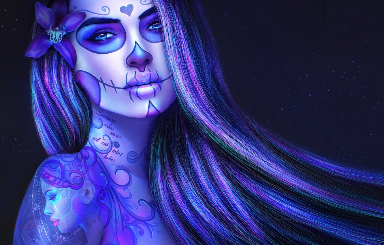 Wallpaper girl, hair, skull, tattoo, art, day of the dead, sugar skull, skull girl image for desktop, section живопись