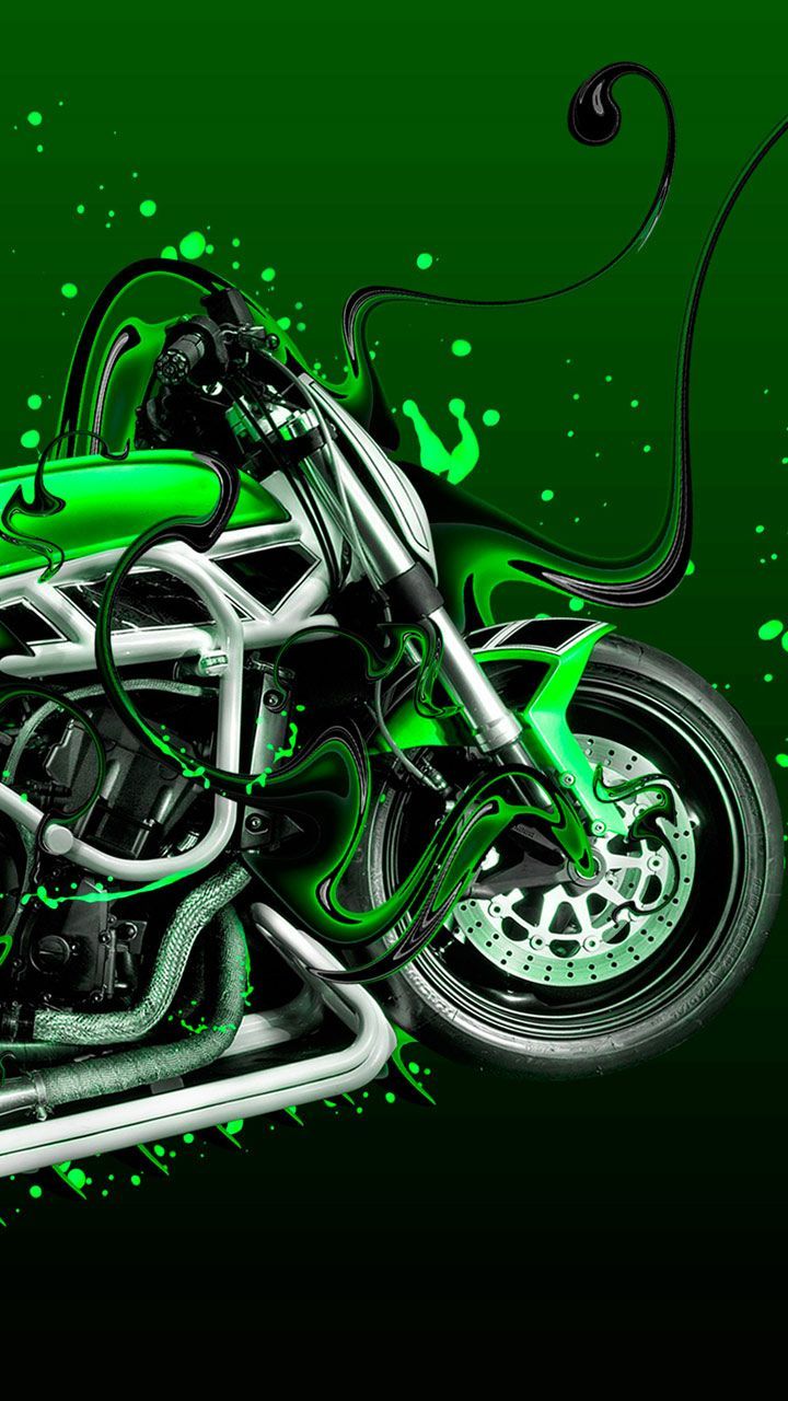 Harley bike lovers, this is for you. Bike art with street graffiti style. Chrome finish super bike, fast and furious. #bike. Green bike, Super bikes, Harley bikes
