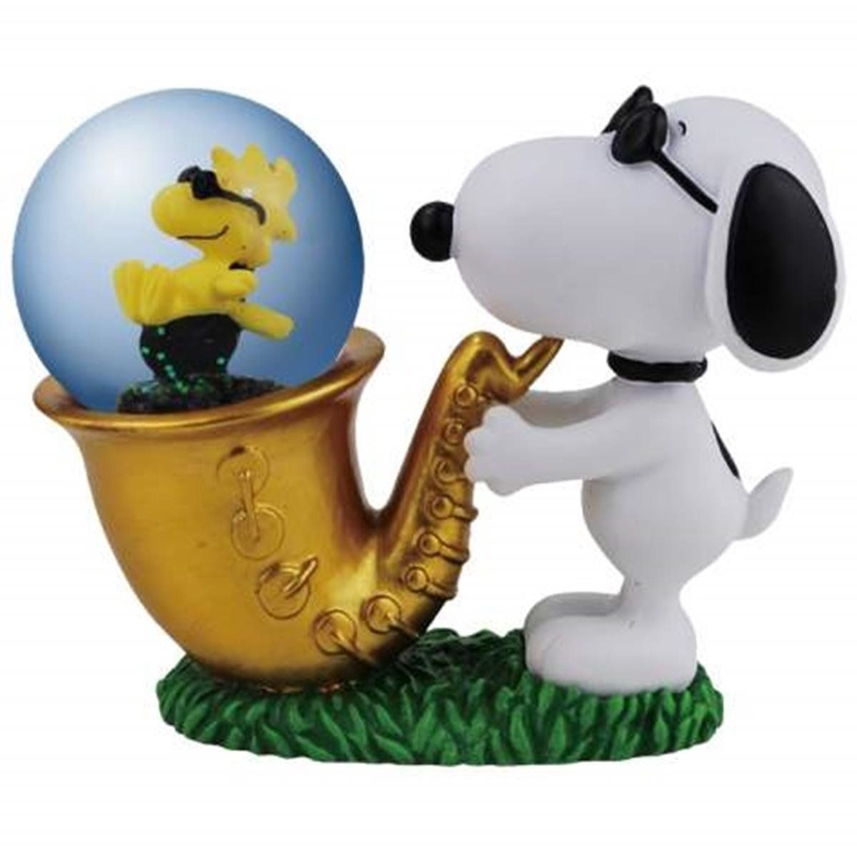 Snoopy as Joe Cool and Woodstock Jamming with Saxophone Water Globe
