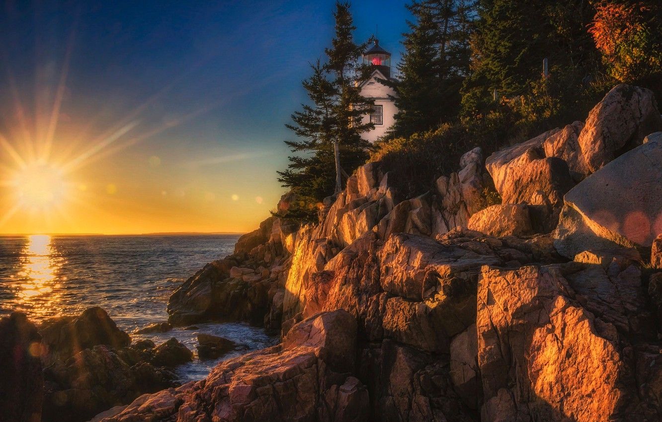 Wallpaper sunset, the ocean, rocks, lighthouse, Maine, Man, Acadia National Park, Acadia national Park, Bass Harbor Head Lighthouse, Blue Hill Bay image for desktop, section пейзажи