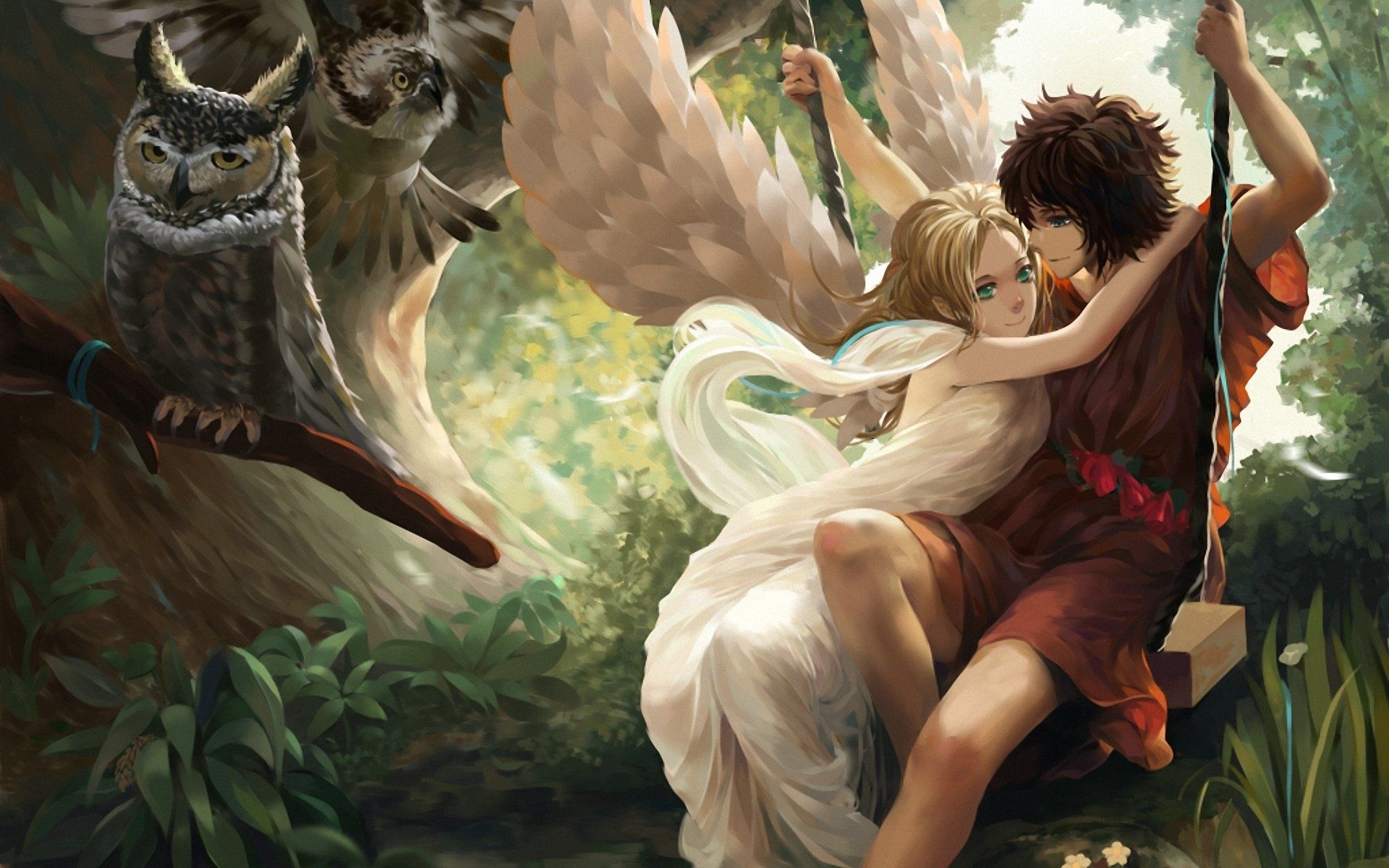 Wings angel art boy fantasy girl forest swing wallpaperx1200