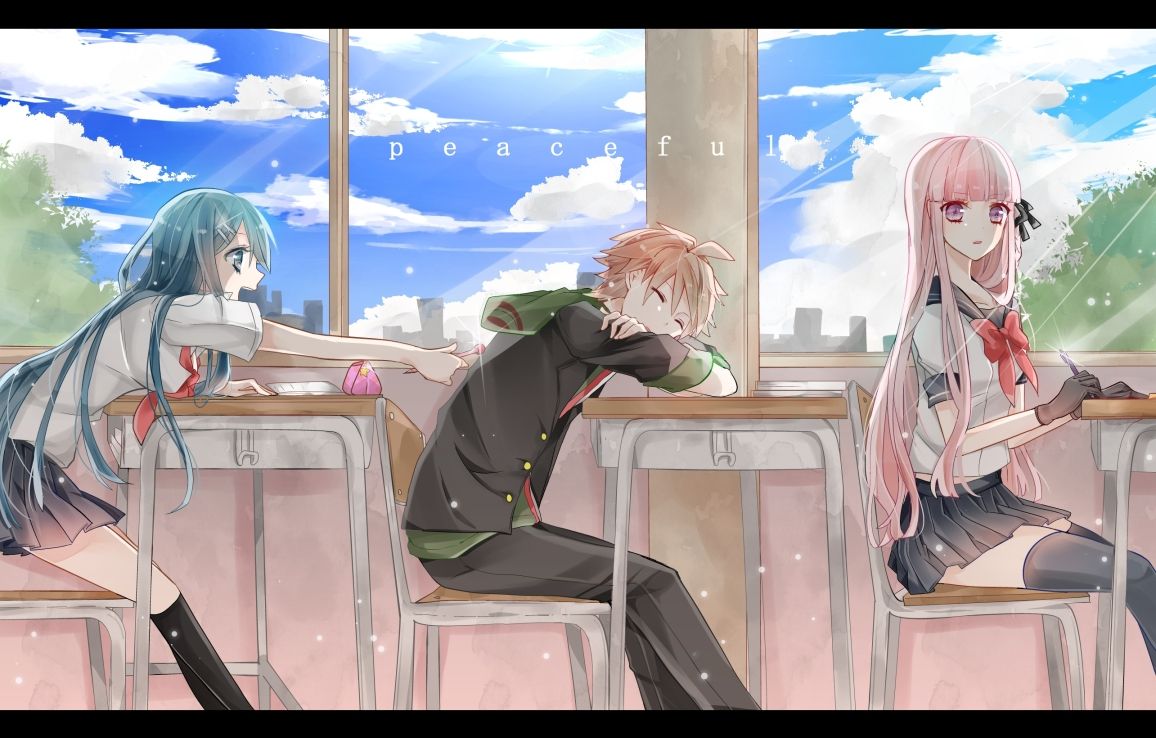 Blue Eyes Blue Hair Bow Brown Hair Clouds Dangan Ronpa Gloves Kirigiri Kyouko Long Hair Maizono Sayaka Naegi Makoto Pink Hair Purple Eyes Ribbons Ringoro School Uniform Short Hair Skirt Thighhighs. Konachan.com