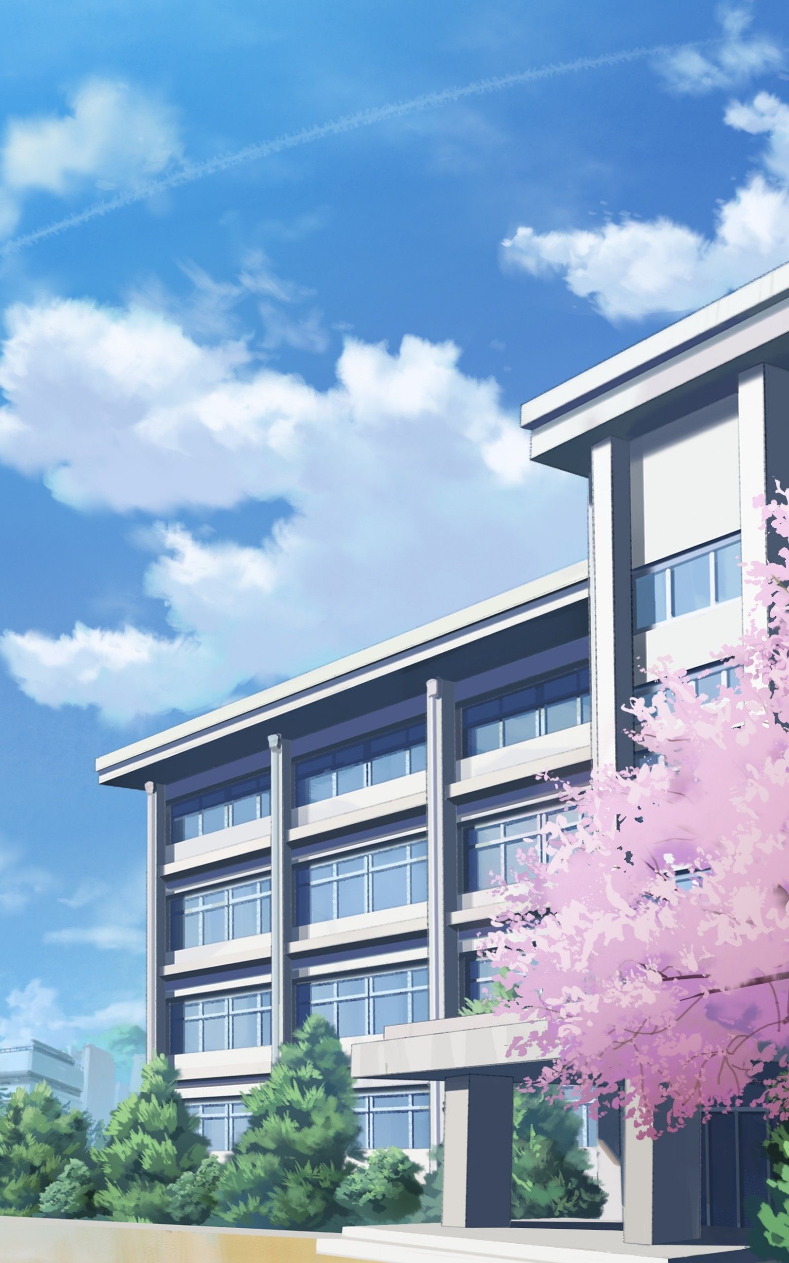Download 1600x2560 Anime School, Building, Sakura Blossom, Clouds Wallpaper for Google Nexus 10