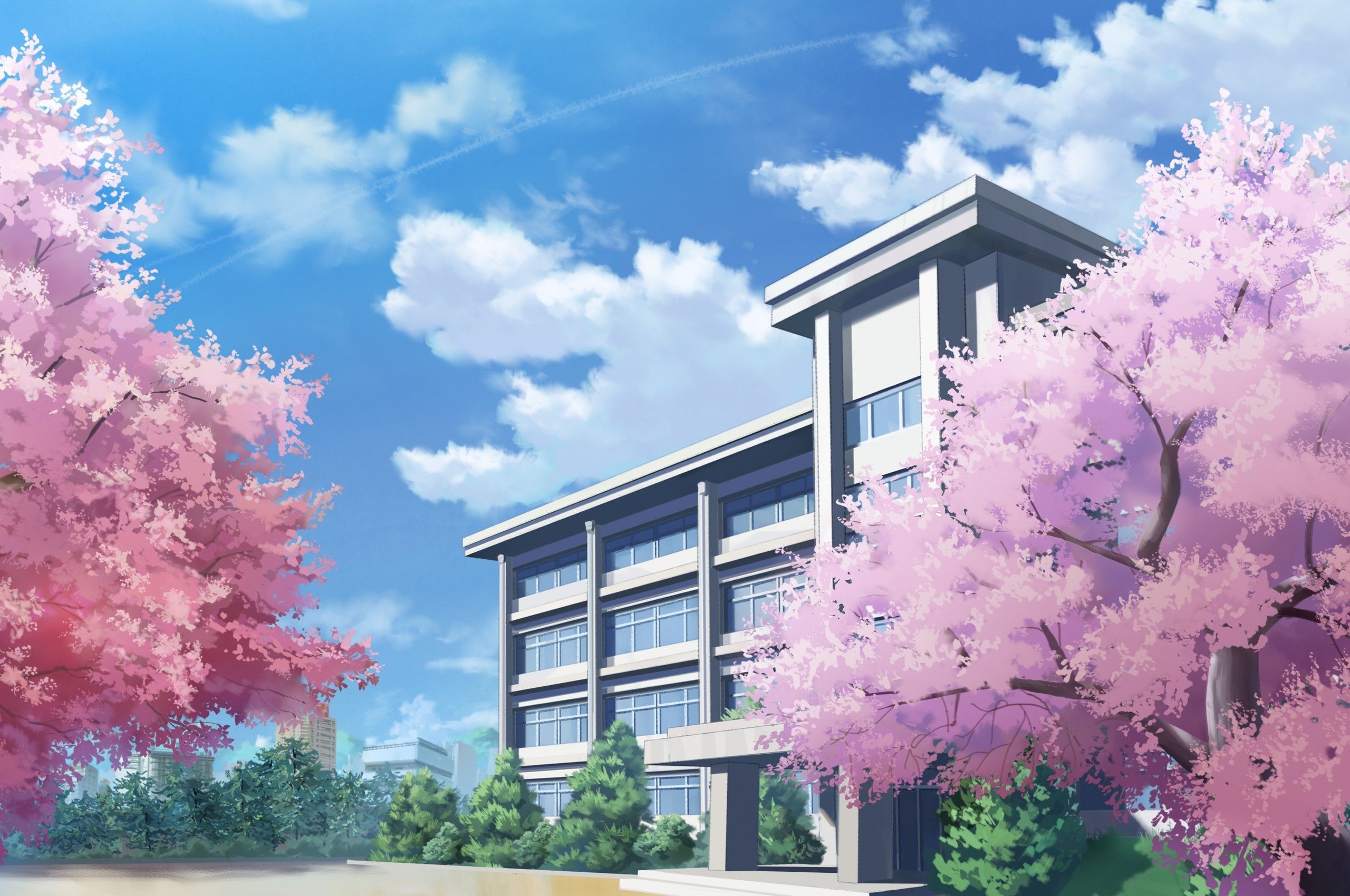 Download 2560x1700 Anime School, Building, Sakura Blossom, Clouds Wallpaper for Chromebook Pixel