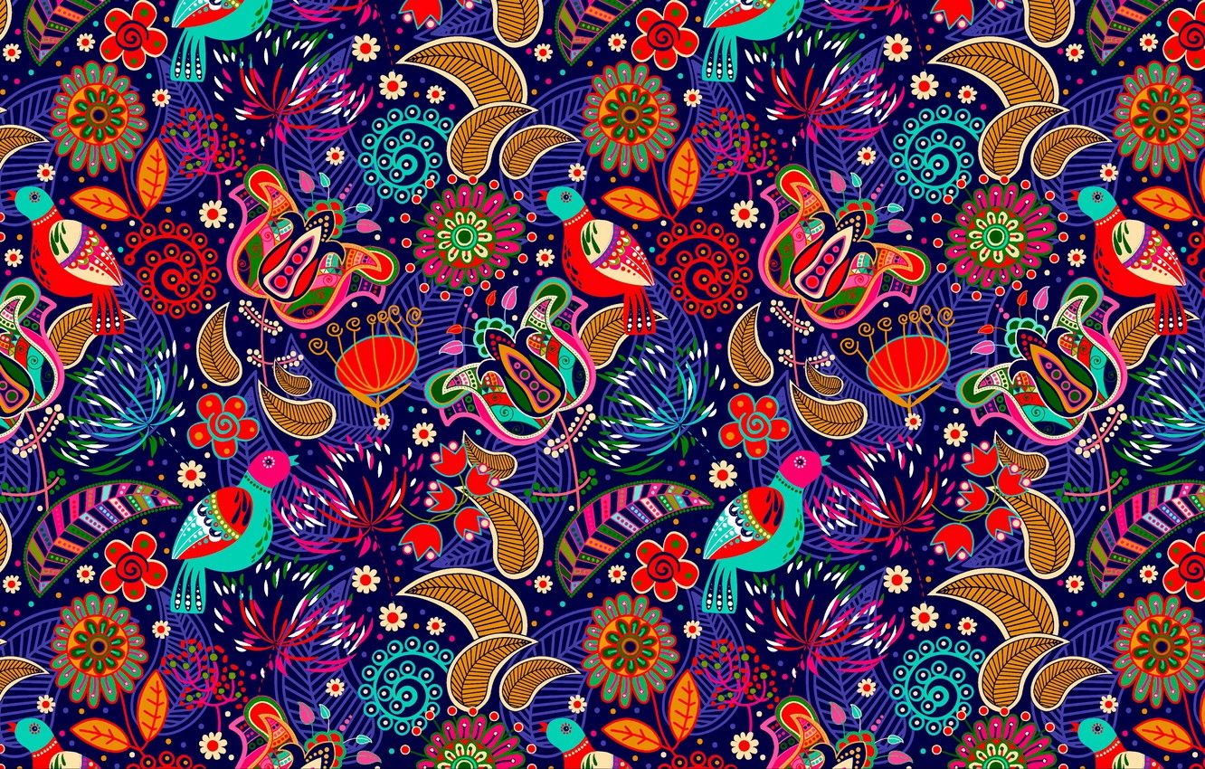 Wallpaper colorful, flowers, pattern, birds, textures, bright, folklore, 4k ultra HD background, motley image for desktop, section текстуры