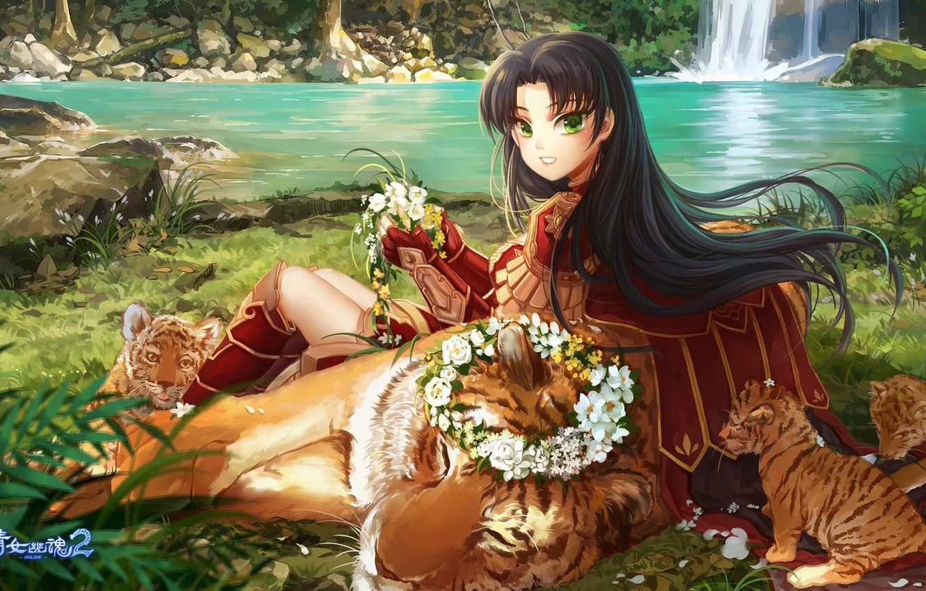 Wallpaper girl, tiger, the game, anime, art, wreath, character, tiger, pet, the Ghost's story Kamyshinka Weiwei image for desktop, section игры