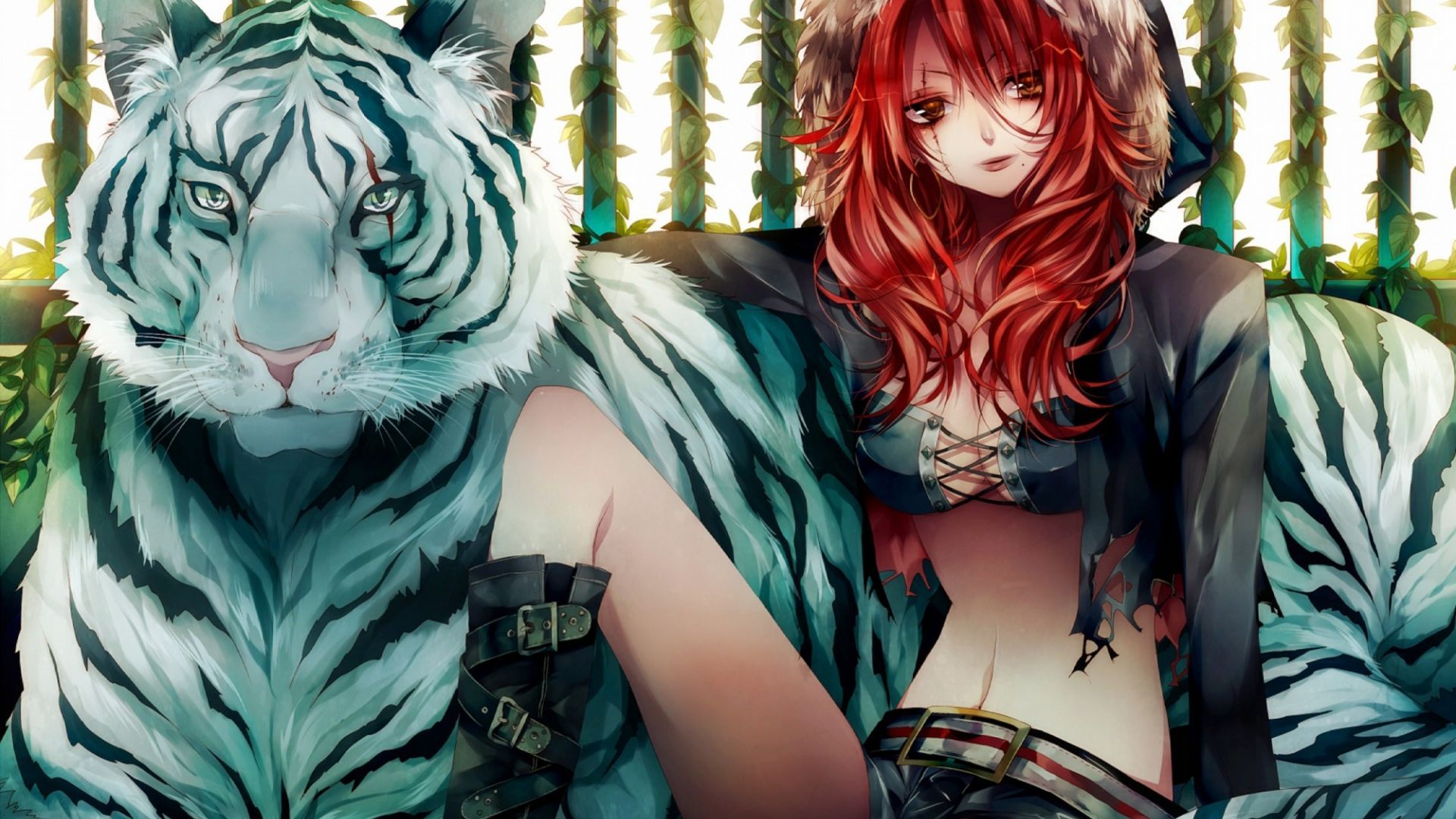 Desktop Wallpaper Red Head Girl, Anime, Tiger, HD Image, Picture, Background, I34znd