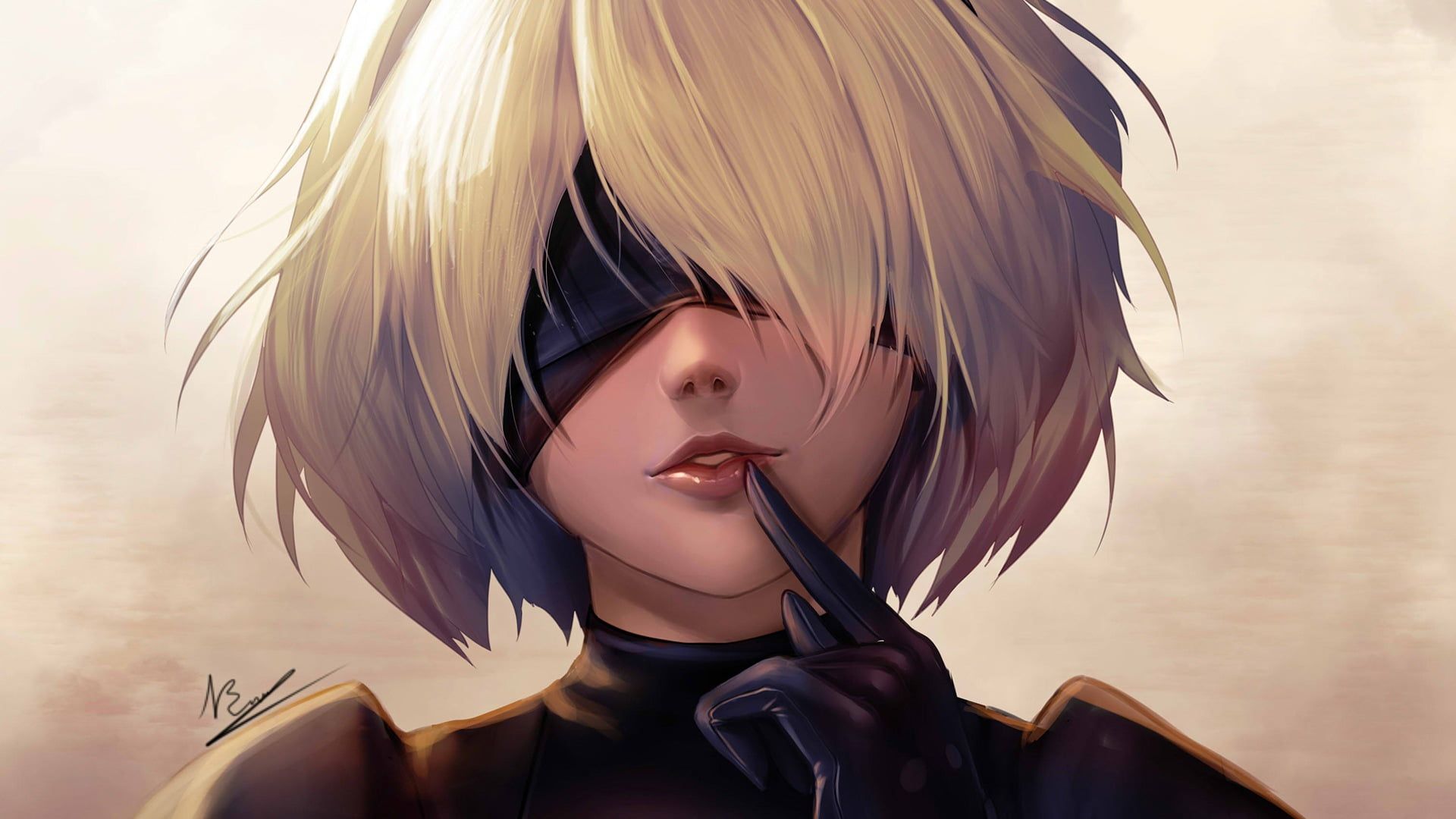 Yellow Haired Female Anime Character Wearing Black Mask Wallpaper Nier: Automata 2B (Nier: Automata) White Hair #blindfold #Ni. Female Anime, Anime, Nier Automata