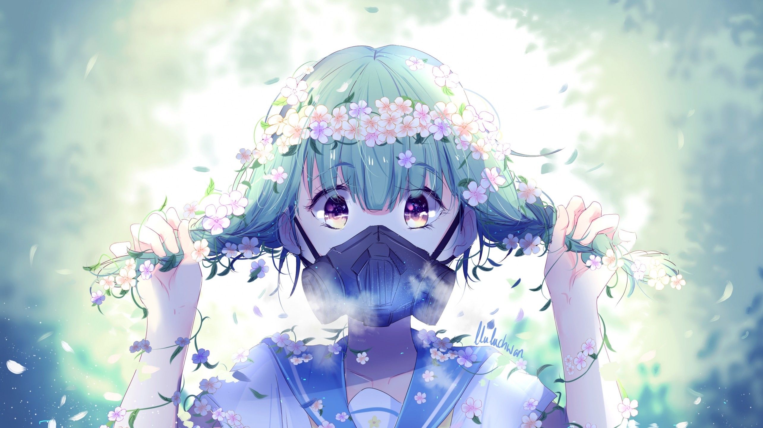Download 2568x1440 Anime Girl, Gas Mask, Flowers, Short Hair, School Uniform Wallpaper