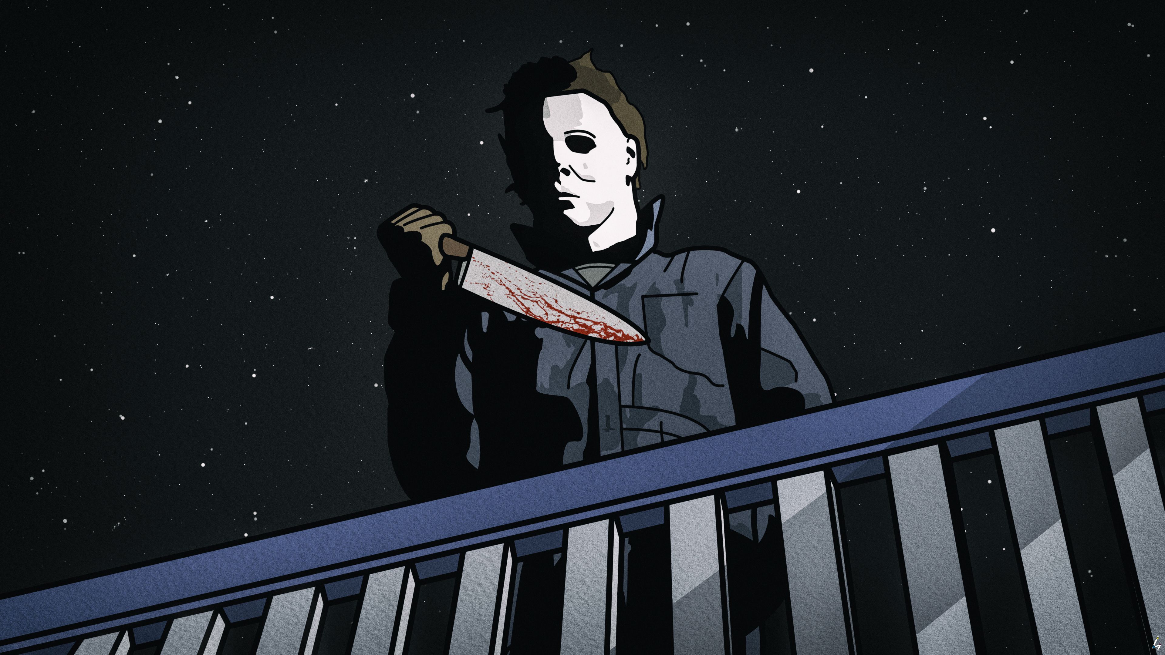 Michael Myers, Halloween, Horror, Fan Art, Digital Art, Blood, Knife, Low Angle, Starred Sky, Night, Railingx2160 Wallpaper