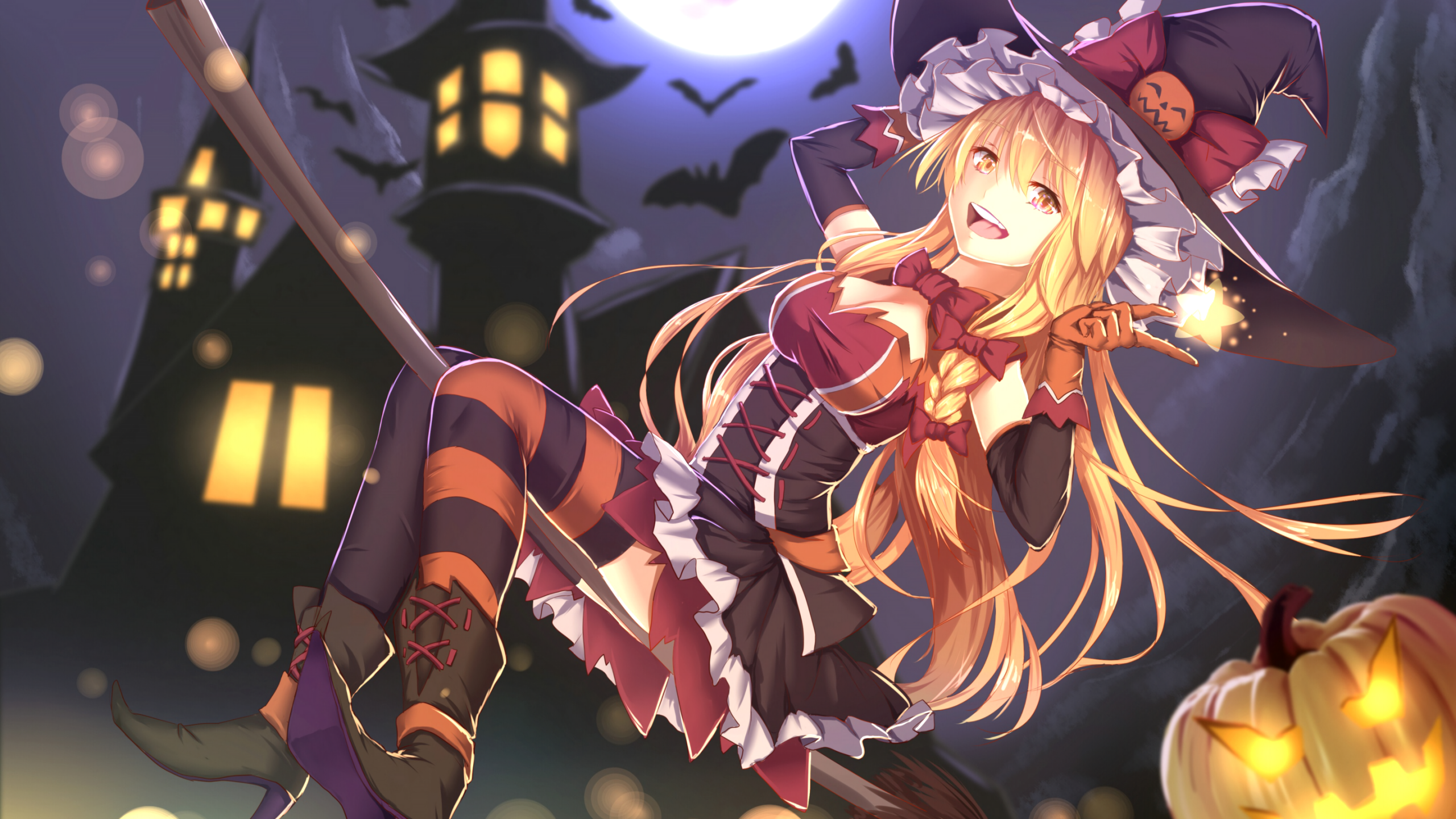 Download 2560x1440 Anime Girl, Halloween Costume, Witch, Broom, Dress, Smiling, Blonde Wallpaper for iMac 27 inch