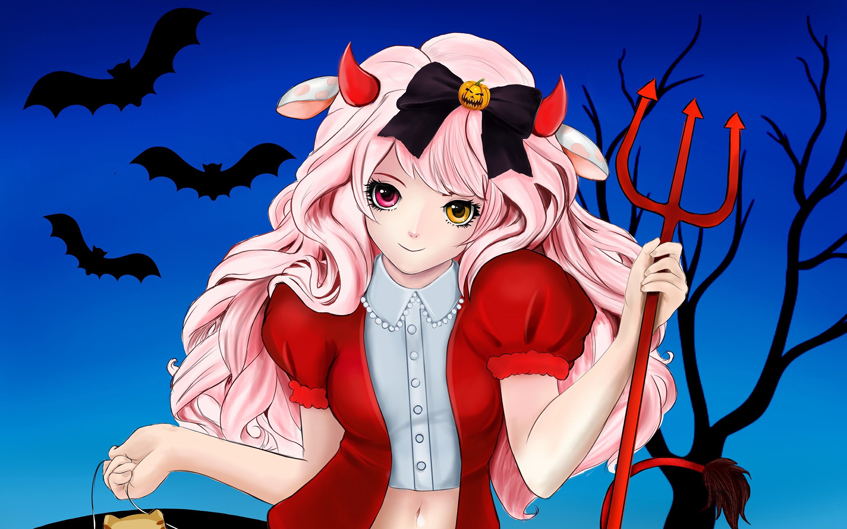 Anime girl in a Halloween costume with a pitchfork wallpaper and image, picture, photo