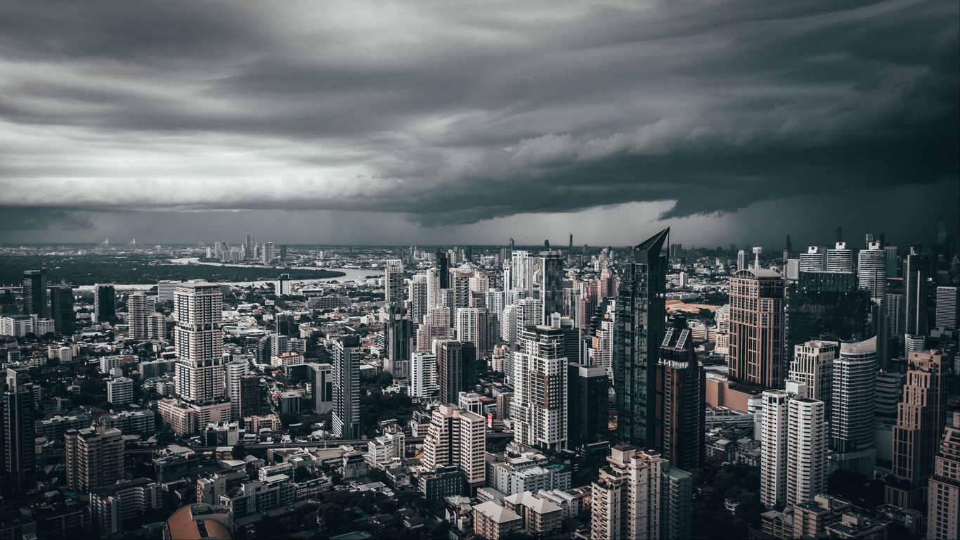 Wallpaper city, skyscrapers, aerial view, clouds, overcast. Aerial view, Thailand vacation, Aerial
