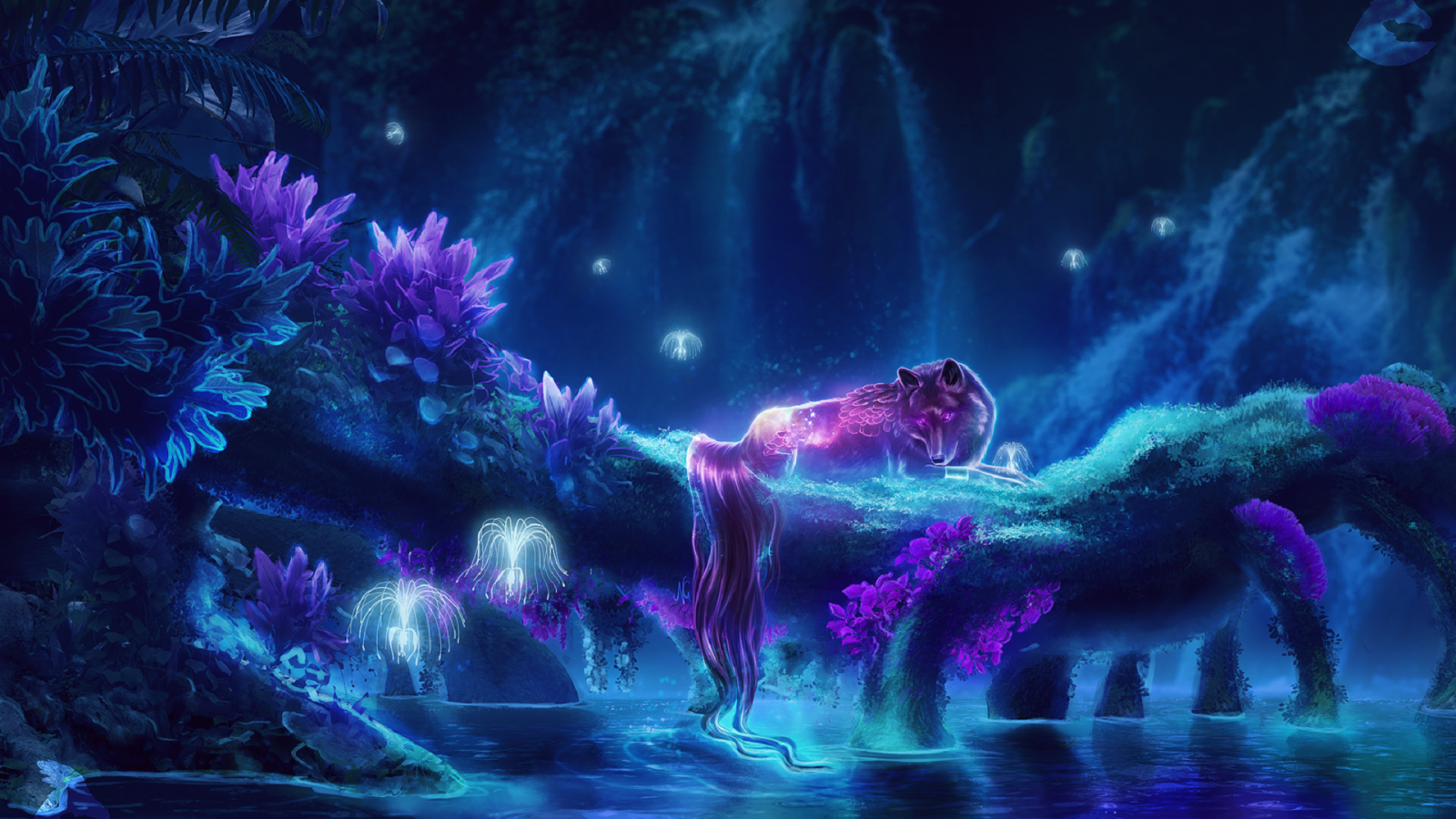 Download 1600x900 Fantasy Creature, Wolf, Forest, Water, Magical Creatures, Night Wallpaper