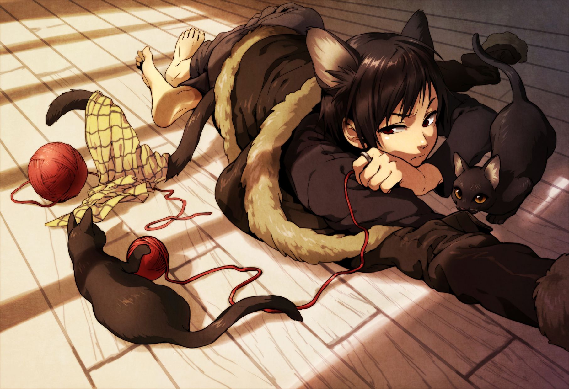 cats, nekomimi, Orihara Izaya, wool, anime boys, yarn, wooden floor wallpaper
