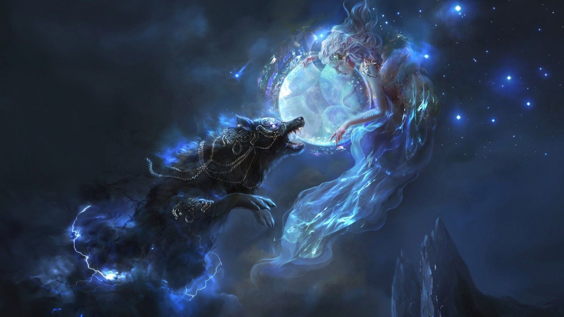 Download 1920x1080 Fantasy Girl, Wolf, Lights, Stars, Magic Wallpaper for Widescreen