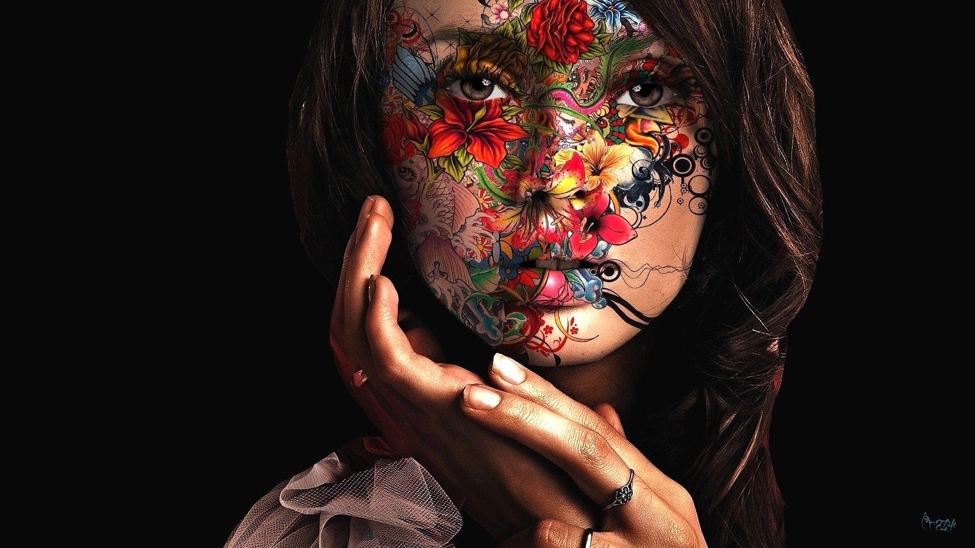 women, paintings, artistic, flowers, paint, faces, painted body, black background, Painted Women, creative wallpaper