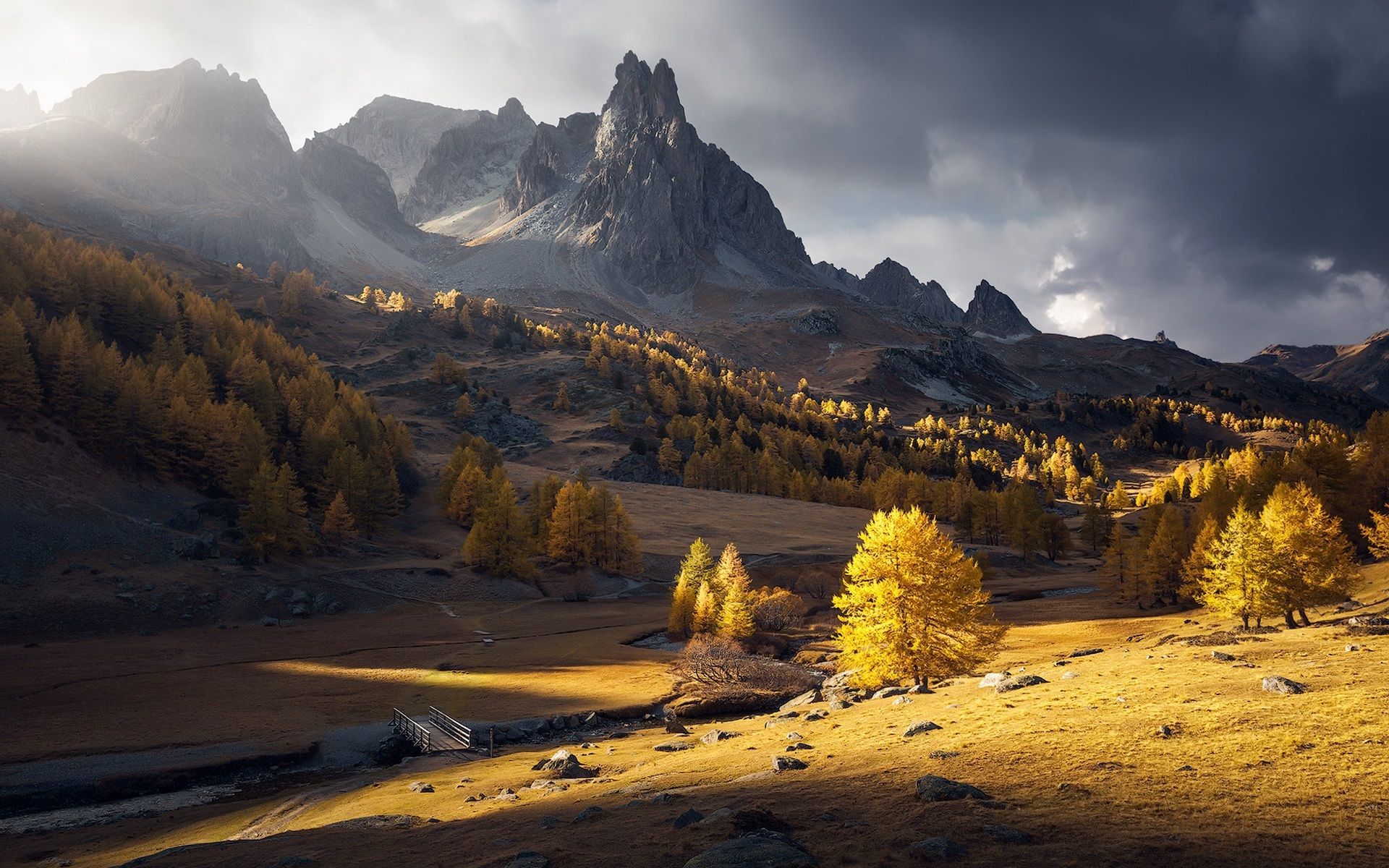Wallpaper Autumn, morning, mountains, trees, sunshine 1920x1200 HD Picture, Image