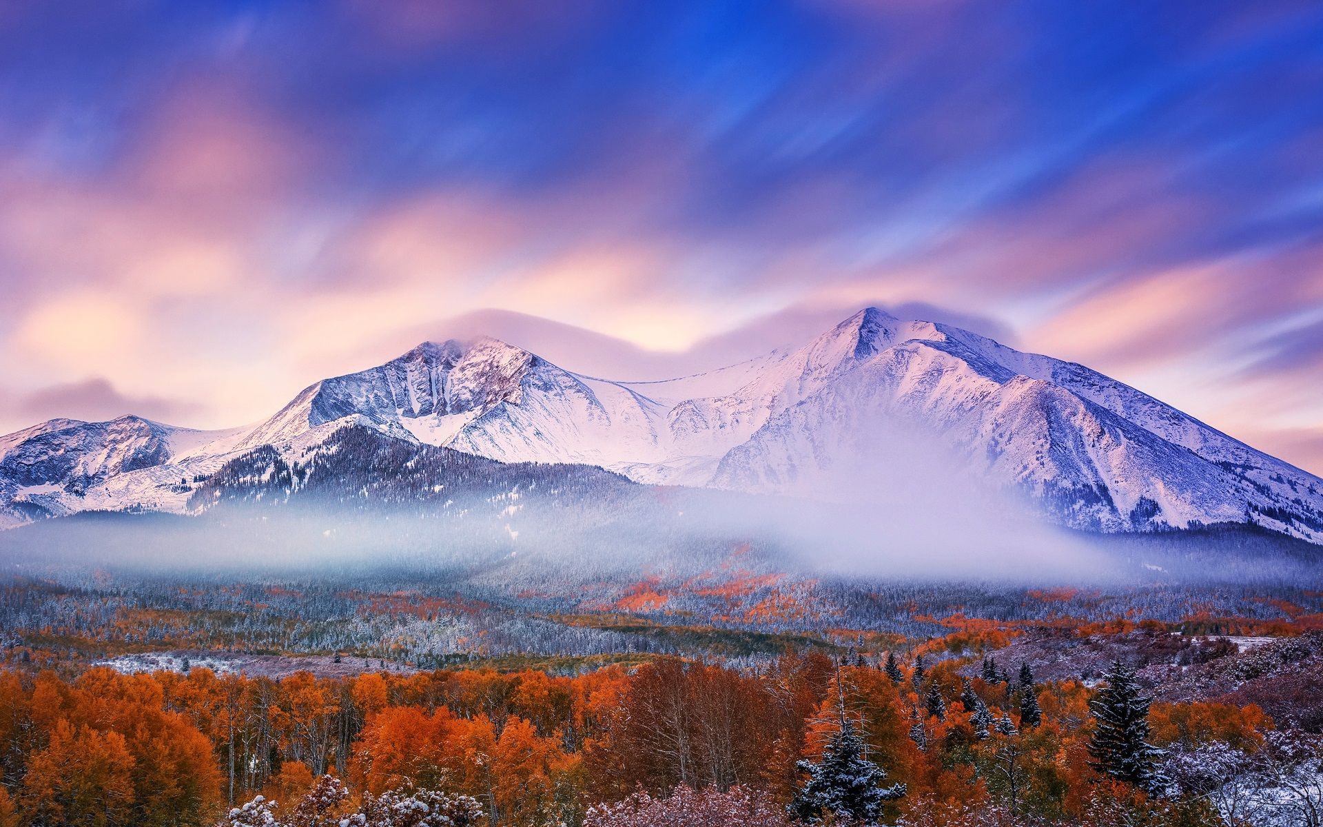 Wallpaper Autumn morning, mountains, sky, snow, forest 1920x1200 HD Picture, Image