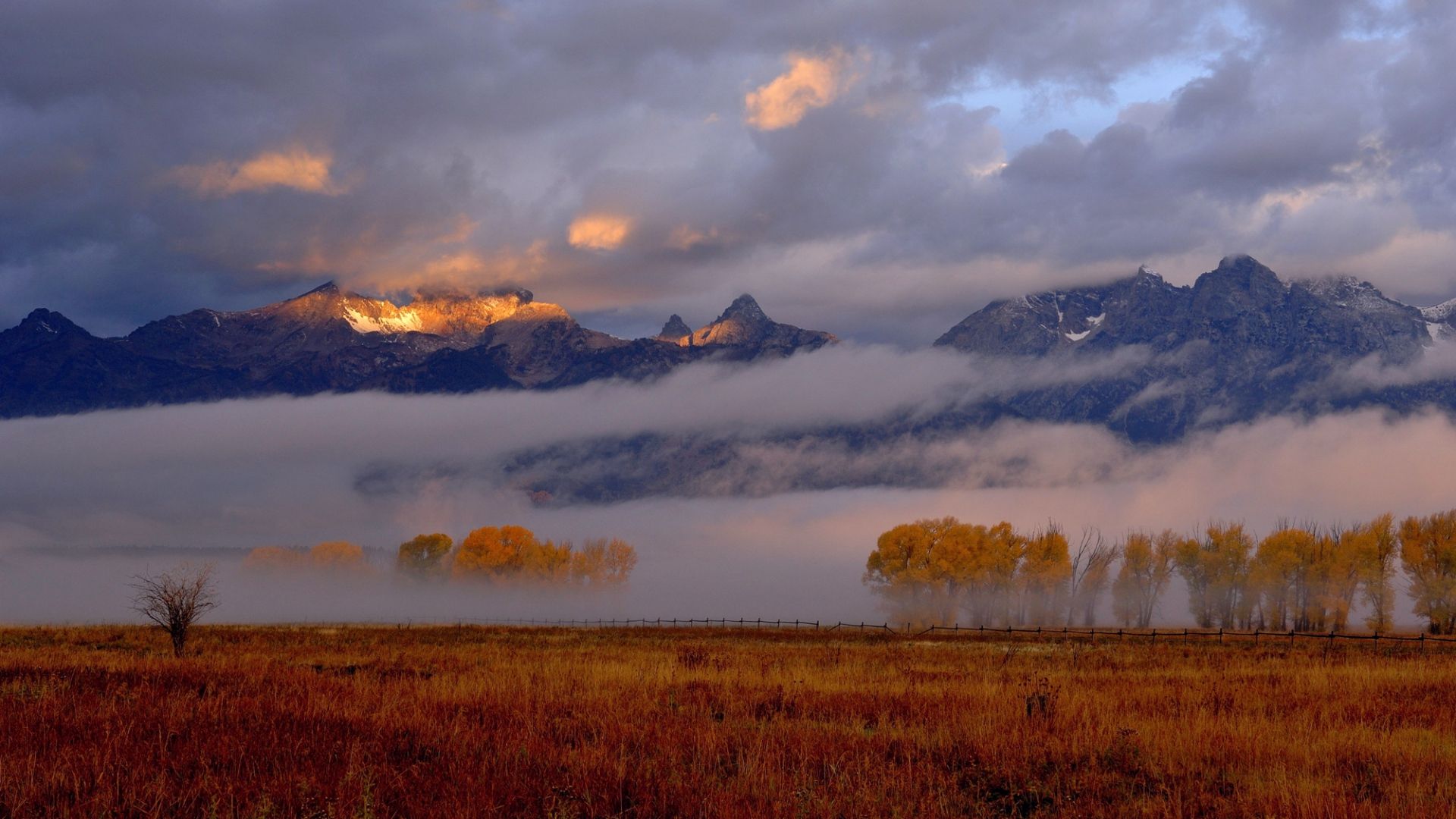 Download Wallpaper 1920x1080 fall, mountains, morning, fog, awakening Full HD 1080p HD Background