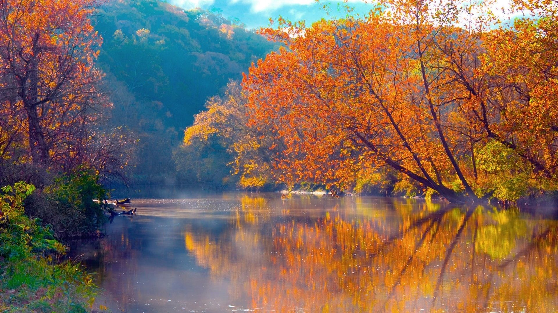Wallpaper Mountains, river, trees, fog, morning, beautiful autumn 1920x1200 HD Picture, Image