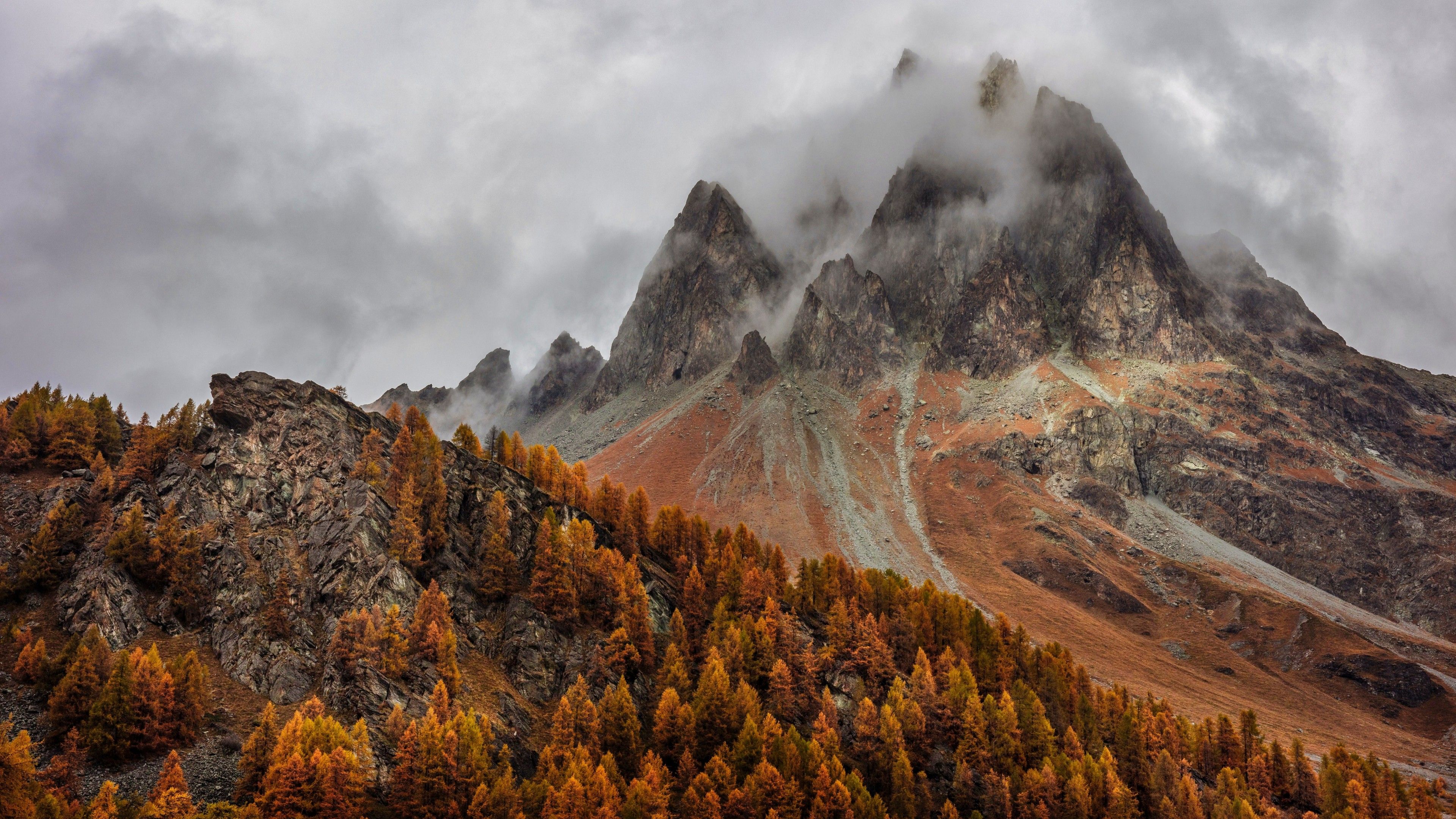 Mountains 4K Wallpaper, Forest, Autumn, Foggy, Peak, Grisons, Switzerland, 5K, Nature