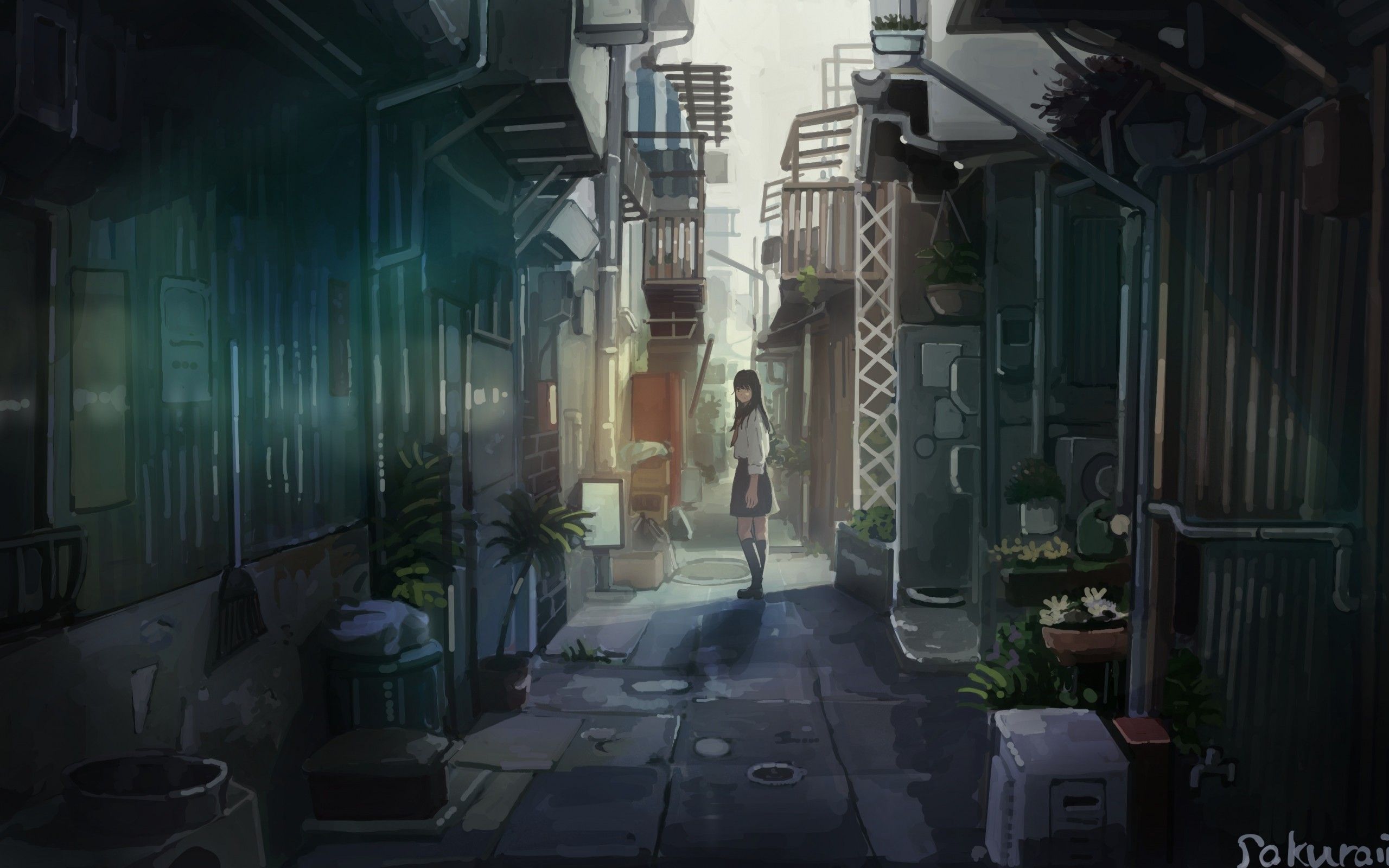Download 2560x1600 Anime School Girl, Buildings, Street, Alley, School Uniform Wallpaper for MacBook Pro 13 inch