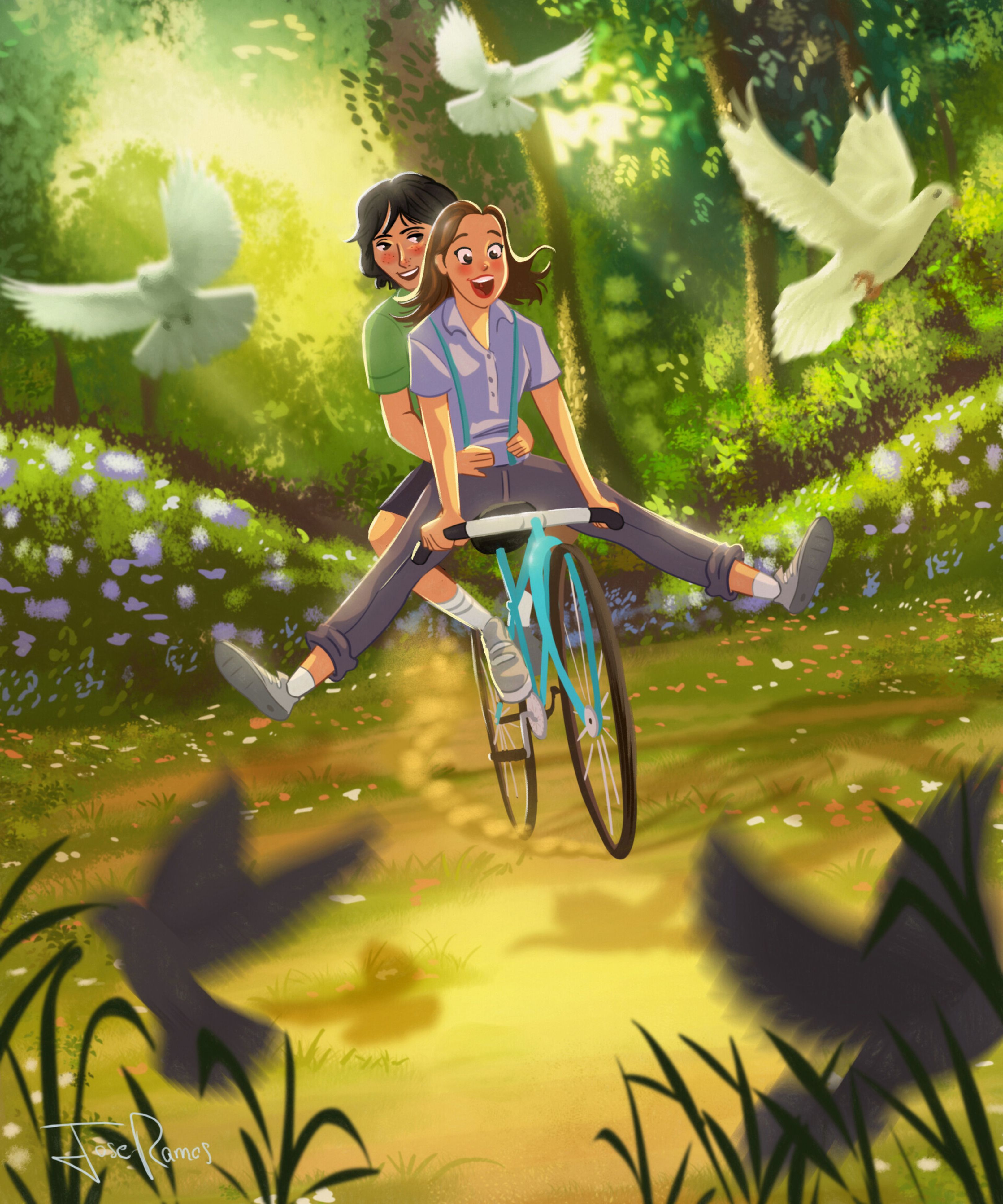 Download wallpaper 3240x3886 couple, bicycle, love, romance, art, happiness HD background