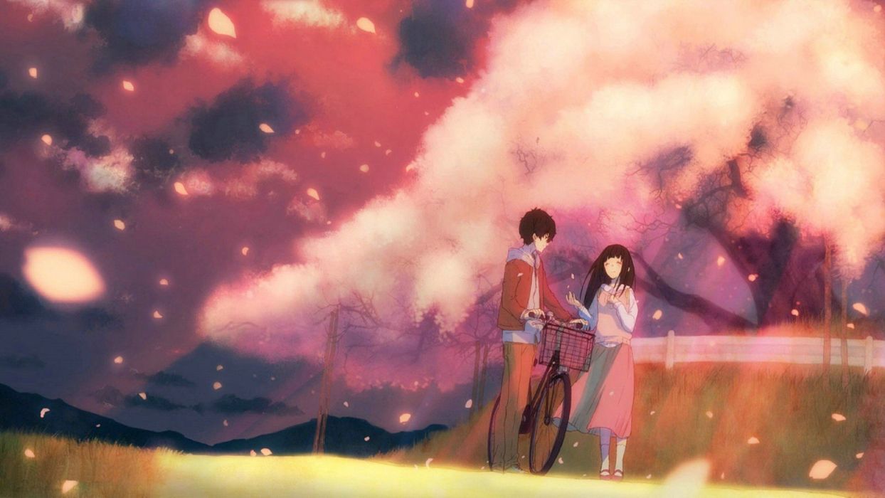 Couple anime girl boy bike petals wallpaperx1080
