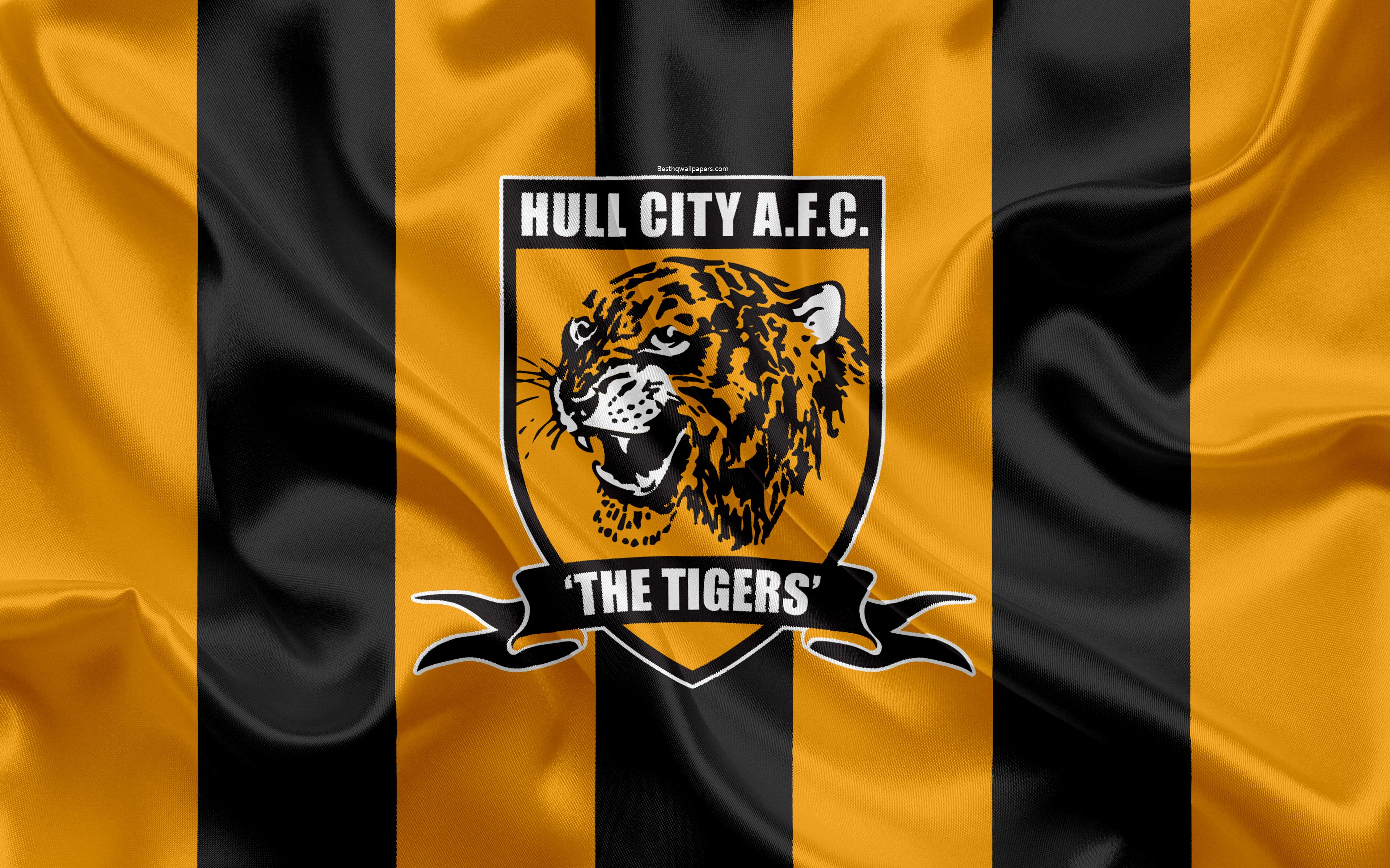 Download wallpaper Hull City FC, Silk Flag, Emblem, Logo, 4K, Kingston upon Hull, East Riding of Yorkshire, England, UK, English Football Club, Football League Championship, Second League, Football for desktop with resolution