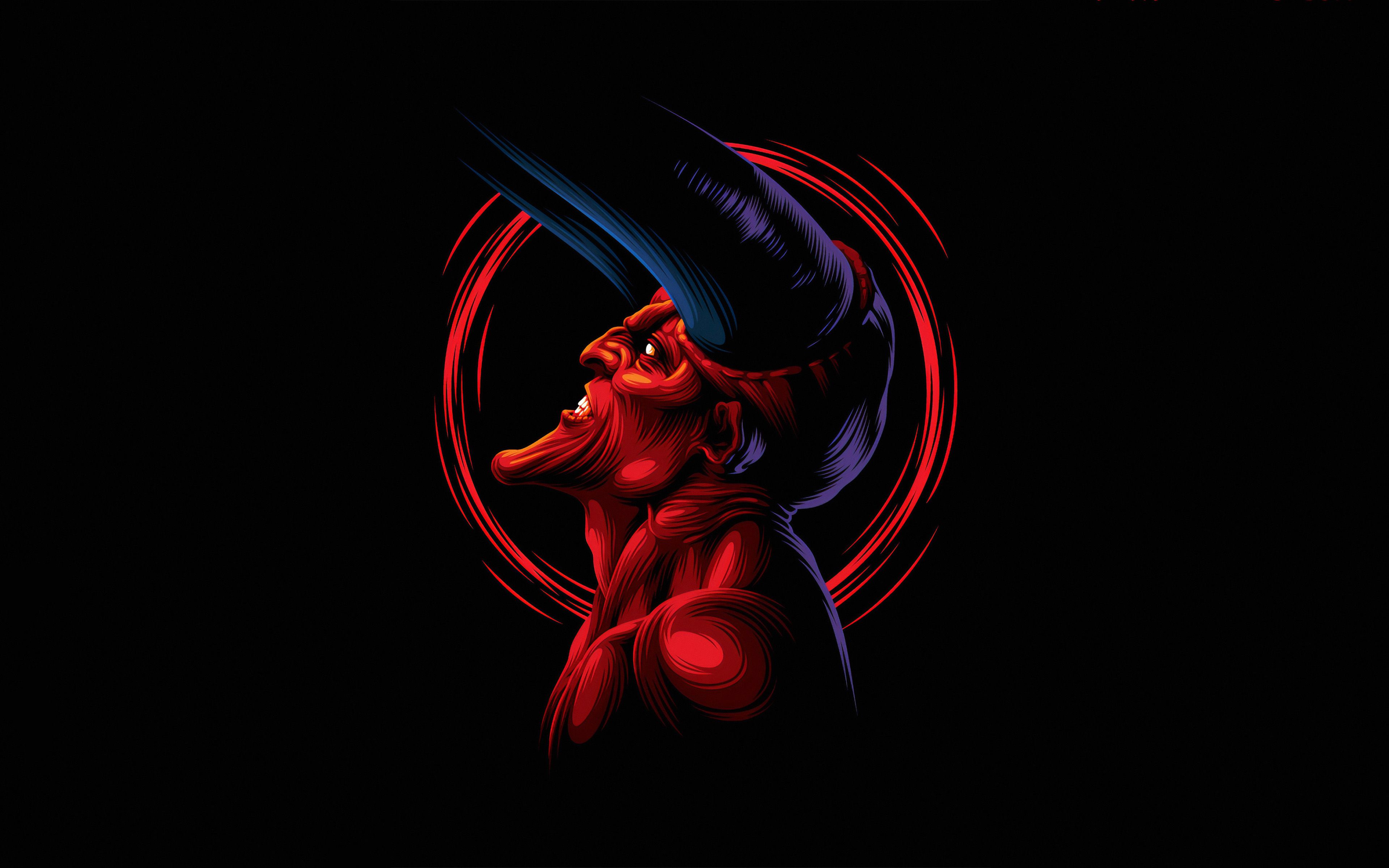 Download wallpaper red devil, 4k, minimal, monster, black background, devil, demon for desktop with resolution 3840x2400. High Quality HD picture wallpaper