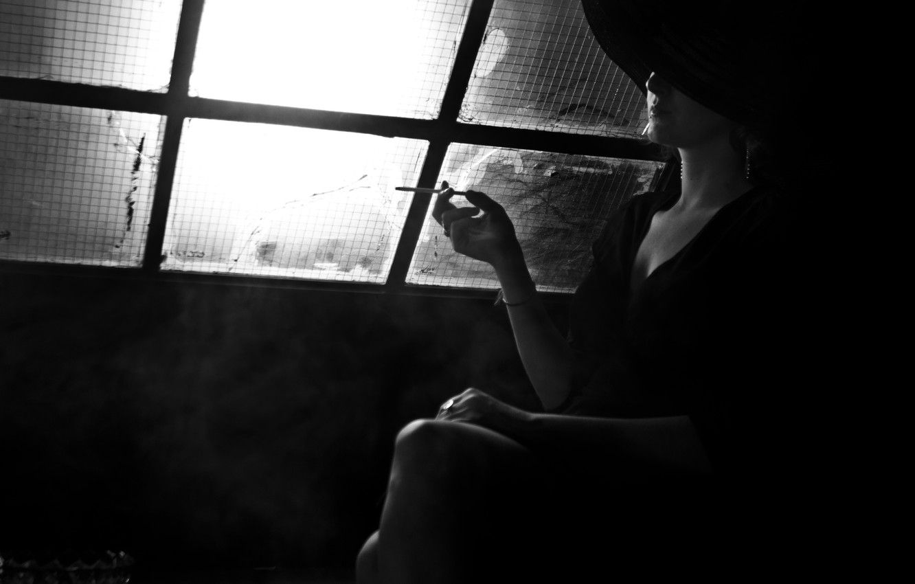 Wallpaper light, woman, smoke, black and white, window, cigarette, neckline, hat, Noir image for desktop, section девушки