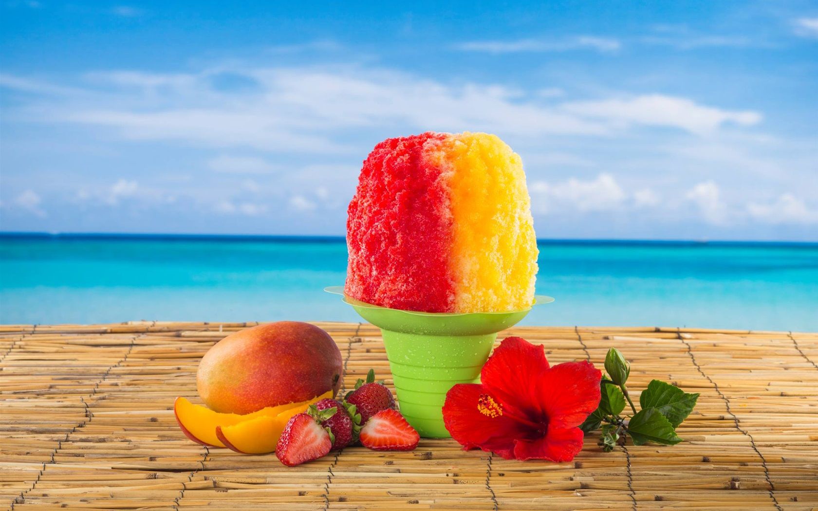 Wallpaper Red orange colors shaved ice, strawberries, mango, flower, sea 1920x1200 HD Picture, Image