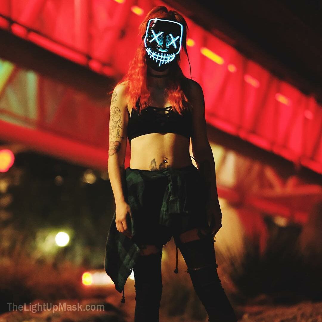 Girl wearing light up mask led mask. TheLightUpMask.com #TheLightUpMask. #ravegirls #ravegirl #ra. Halloween photohoot, Burner girls, Rave girl