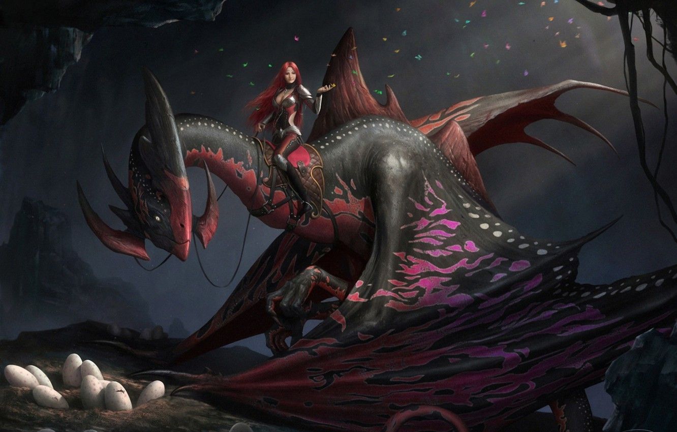 Wallpaper girl, dragon, eggs, art, cave, red image for desktop, section фантастика