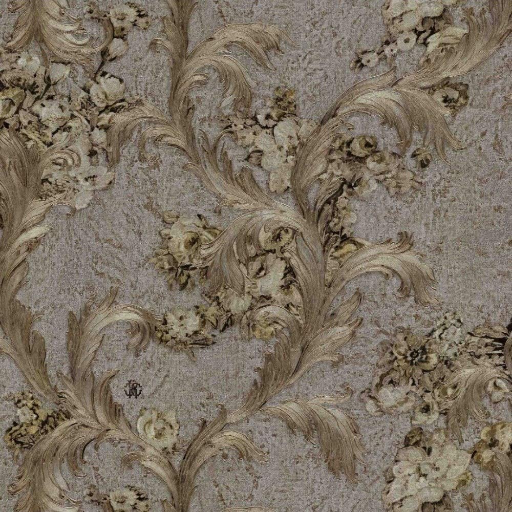 Roberto Cavalli 6 Leaves Flowers Motif Beige Brown Wallpaper