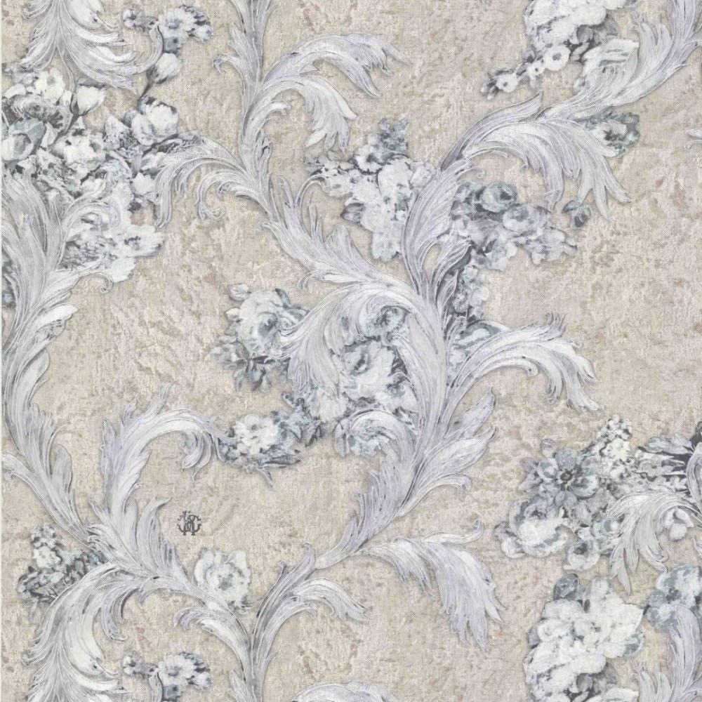 Roberto Cavalli 6 Leaves Flowers Motif Beige Grey Wallpaper