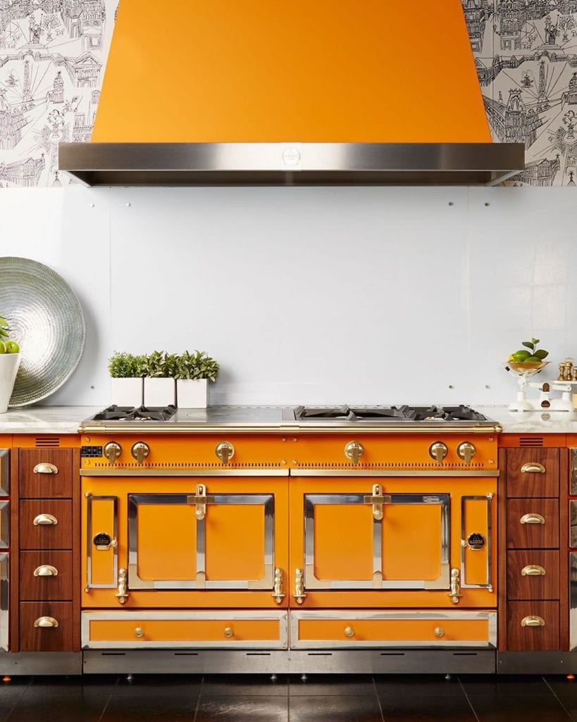 La Cornue Range Oven Stove Hermes Orange Black White Toile Wallpaper Kitchen Design Glam Pad