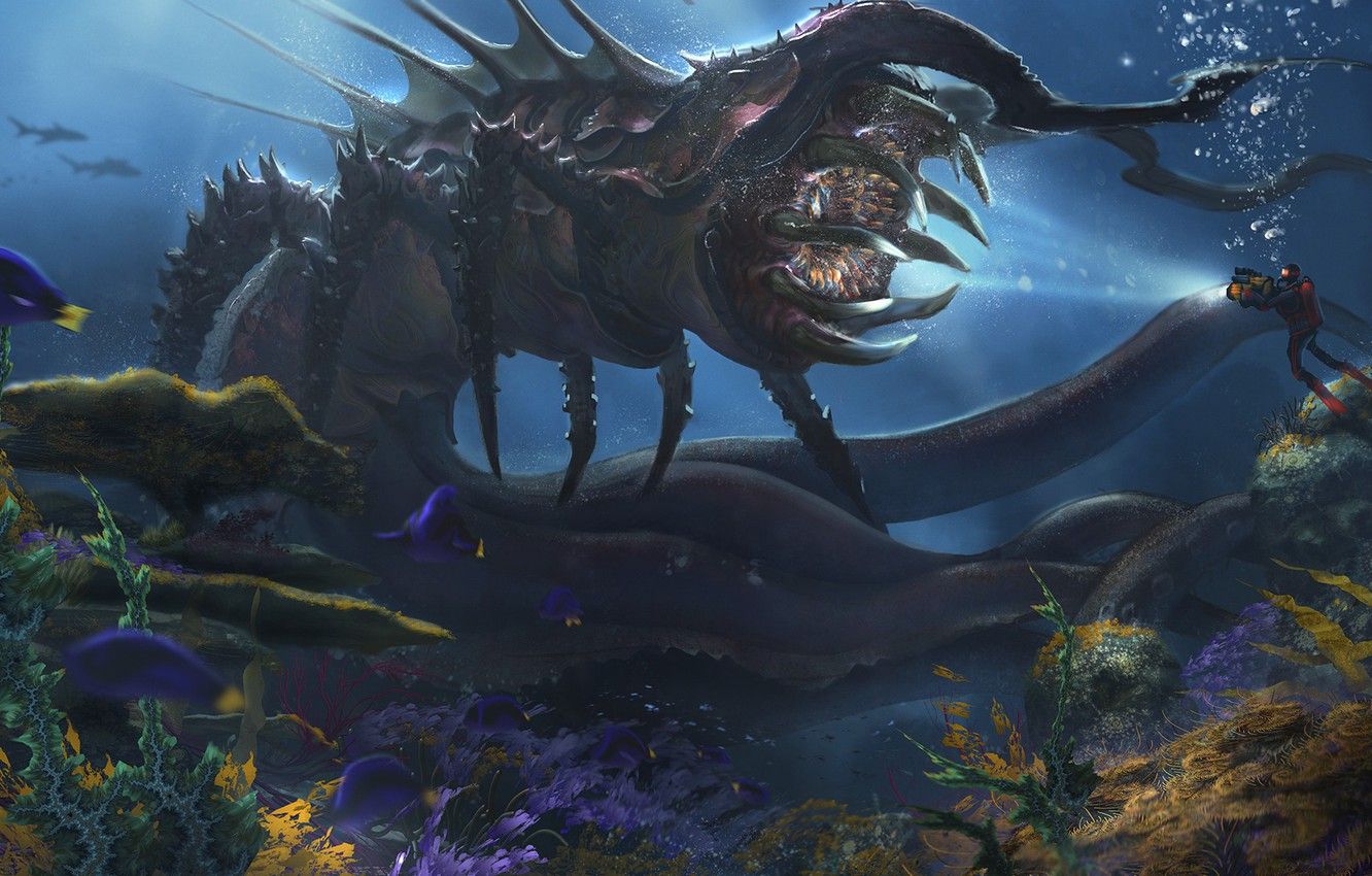 Wallpaper fish, the diver, monster, Deep Sea Creature, Alejandro Olmedo image for desktop, section фантастика