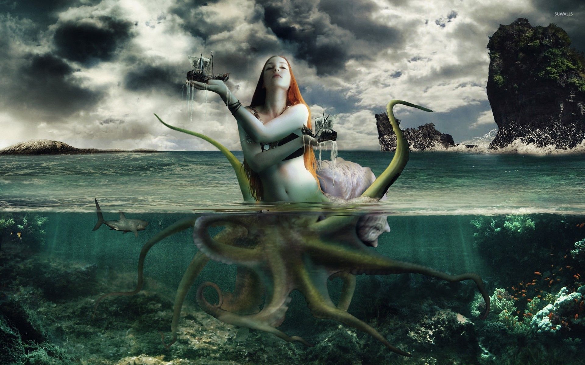 Sea creature capturing the ships wallpaper wallpaper