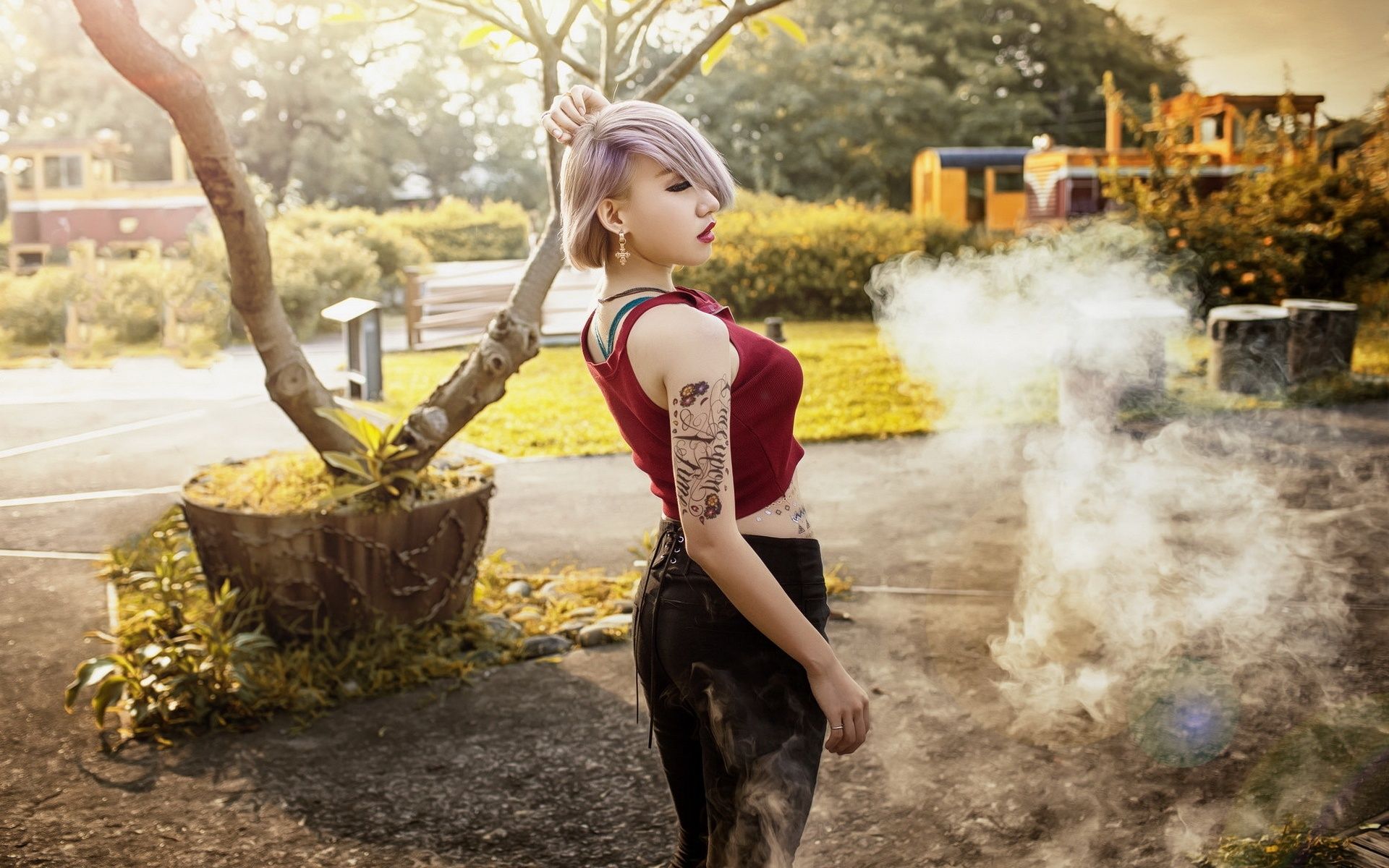 Wallpaper Short hair Asian girl, tattoo 1920x1200 HD Picture, Image