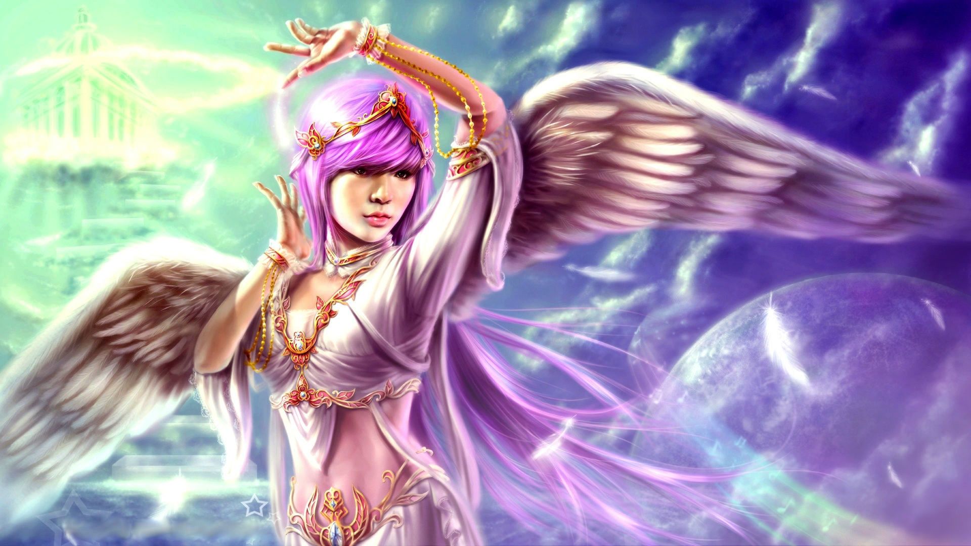 Wallpaper Purple hair fantasy angel girl, wings feather 1920x1080 Full HD 2K Picture, Image