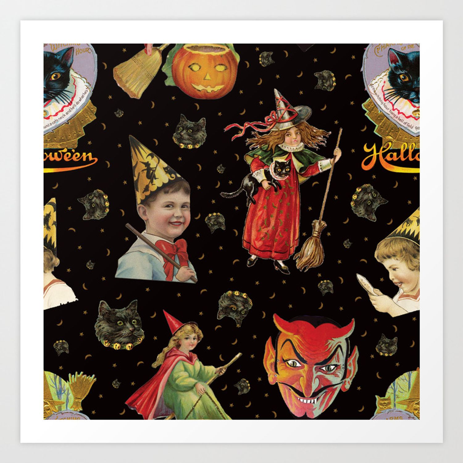 Vintage Halloween Party in Black Cat + Gold Celestial Art Print