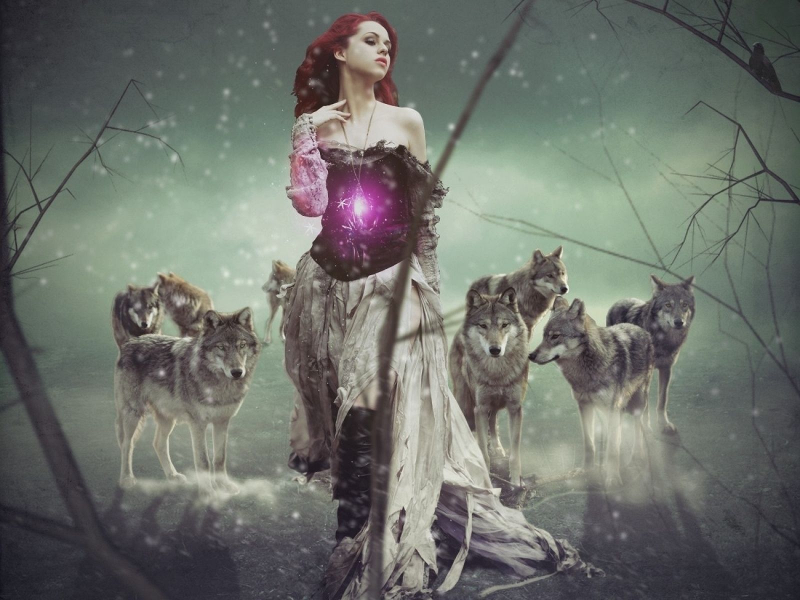 Download Wallpaper, Download 1600x1200 women trees redheads fantasy art glowing crows amulet wolves 1300x975 wal. Wolves and women, Fantasy art, Animal wallpaper