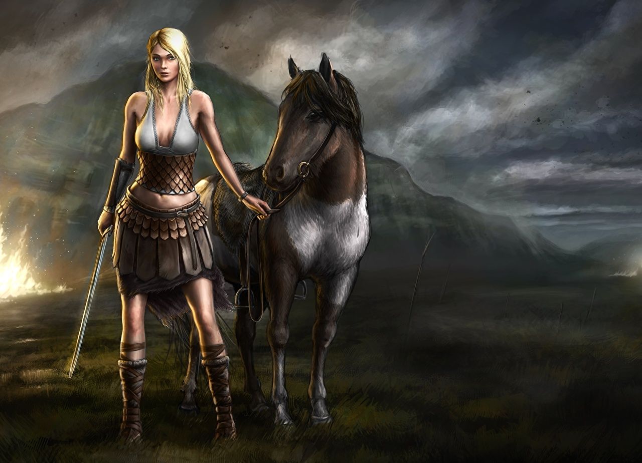 Photos horse Swords warrior Fantasy young woman Animals