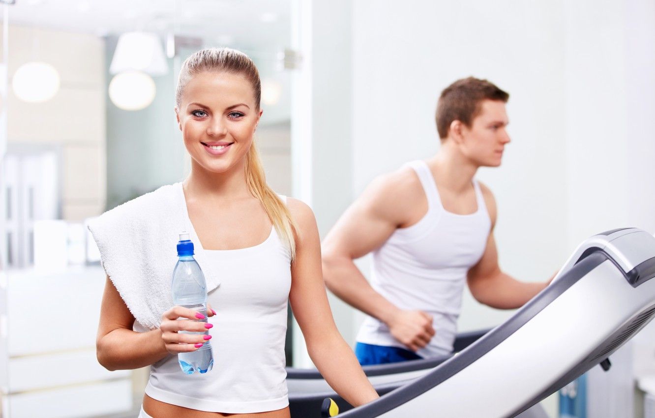 Wallpaper girl, towel, gym, Fitness, water bottle, treadmill, treadmill workout, girl smiling image for desktop, section спорт