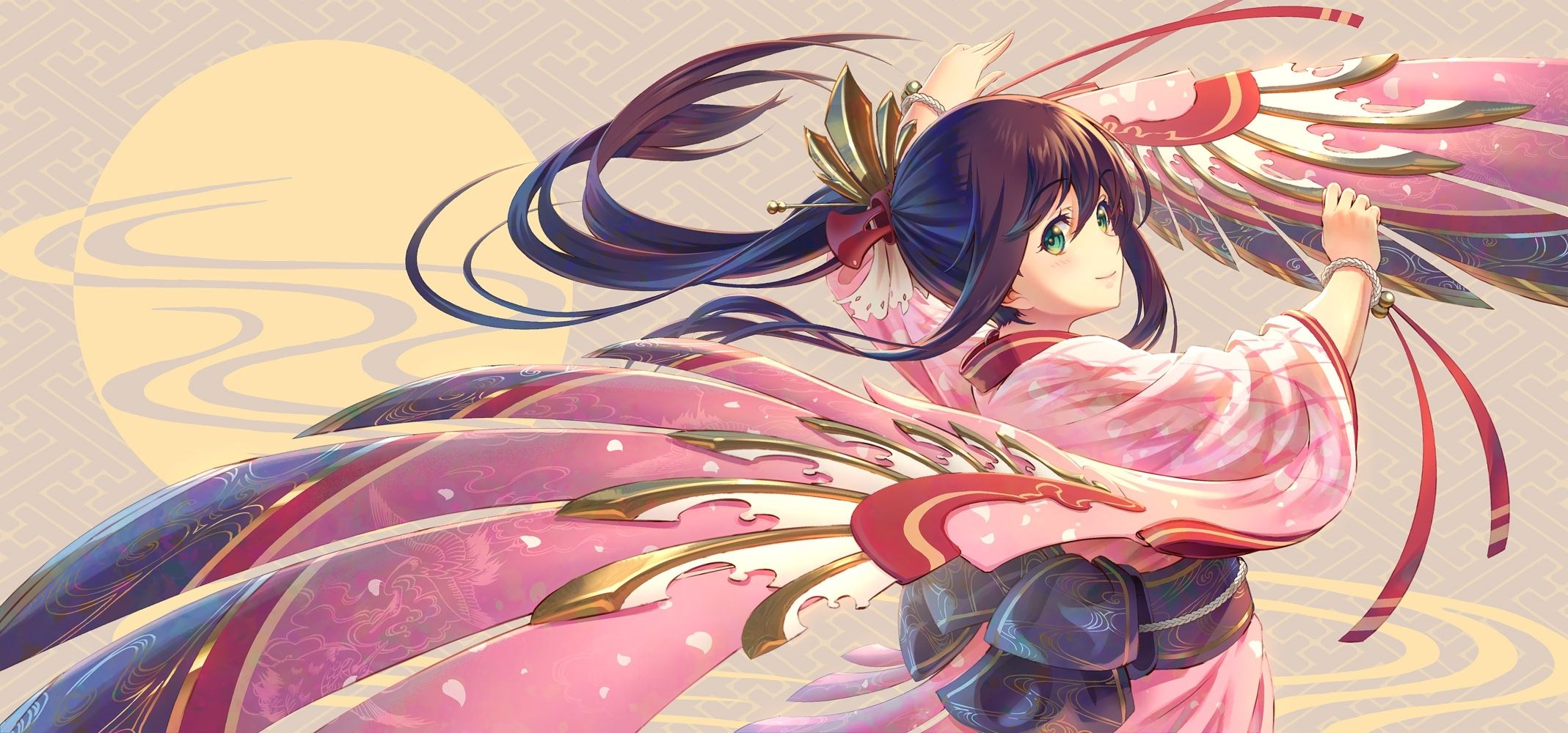 Wallpaper Anime Girl, Kimono, Brown Hair, Dancing, Smiling