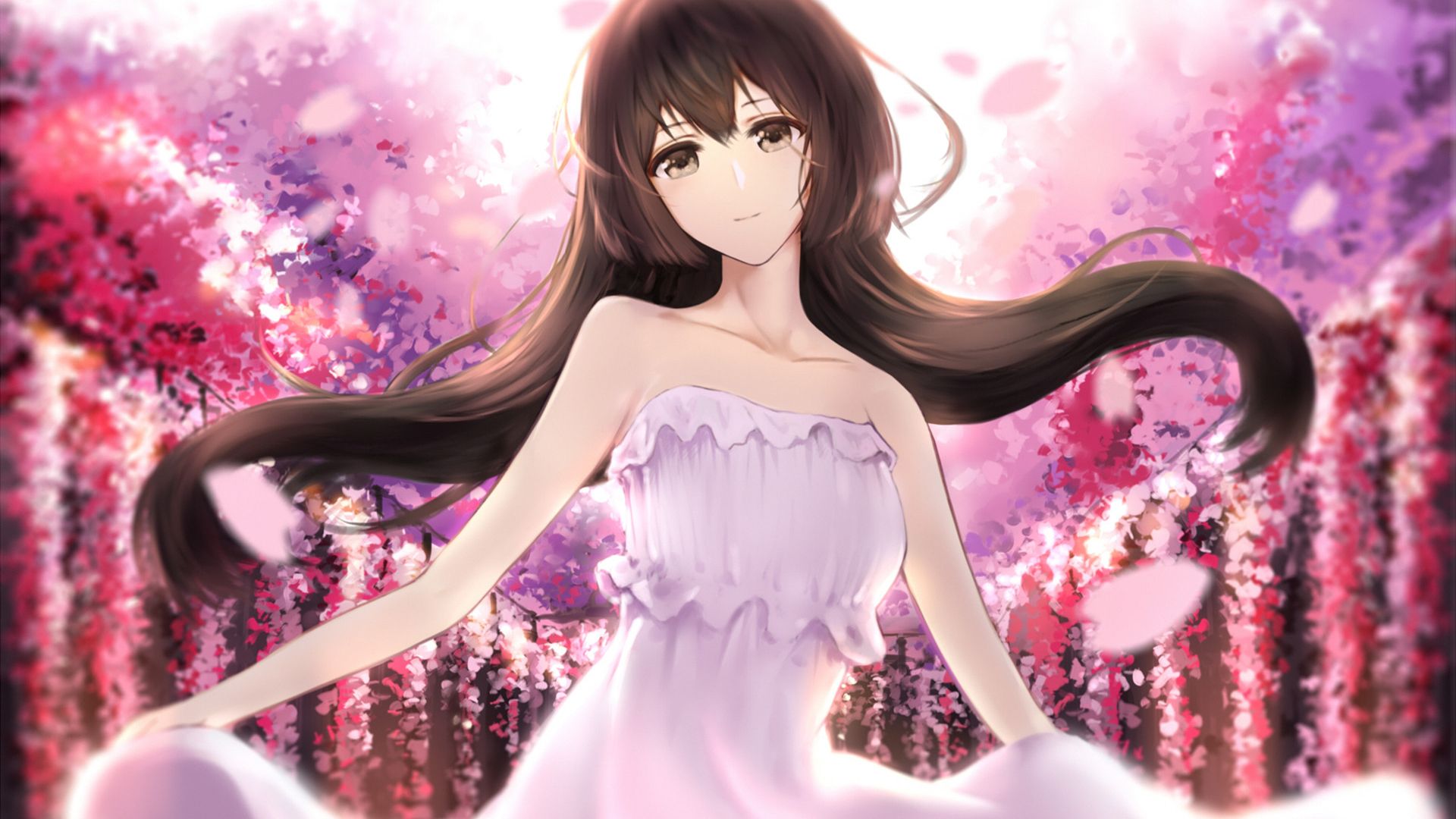 Download 1920x1080 wallpaper dance, cherry blossom, pink dress, anime girl, full hd, hdtv, fhd, 1080p, 1920x1080 HD image, background, 3510