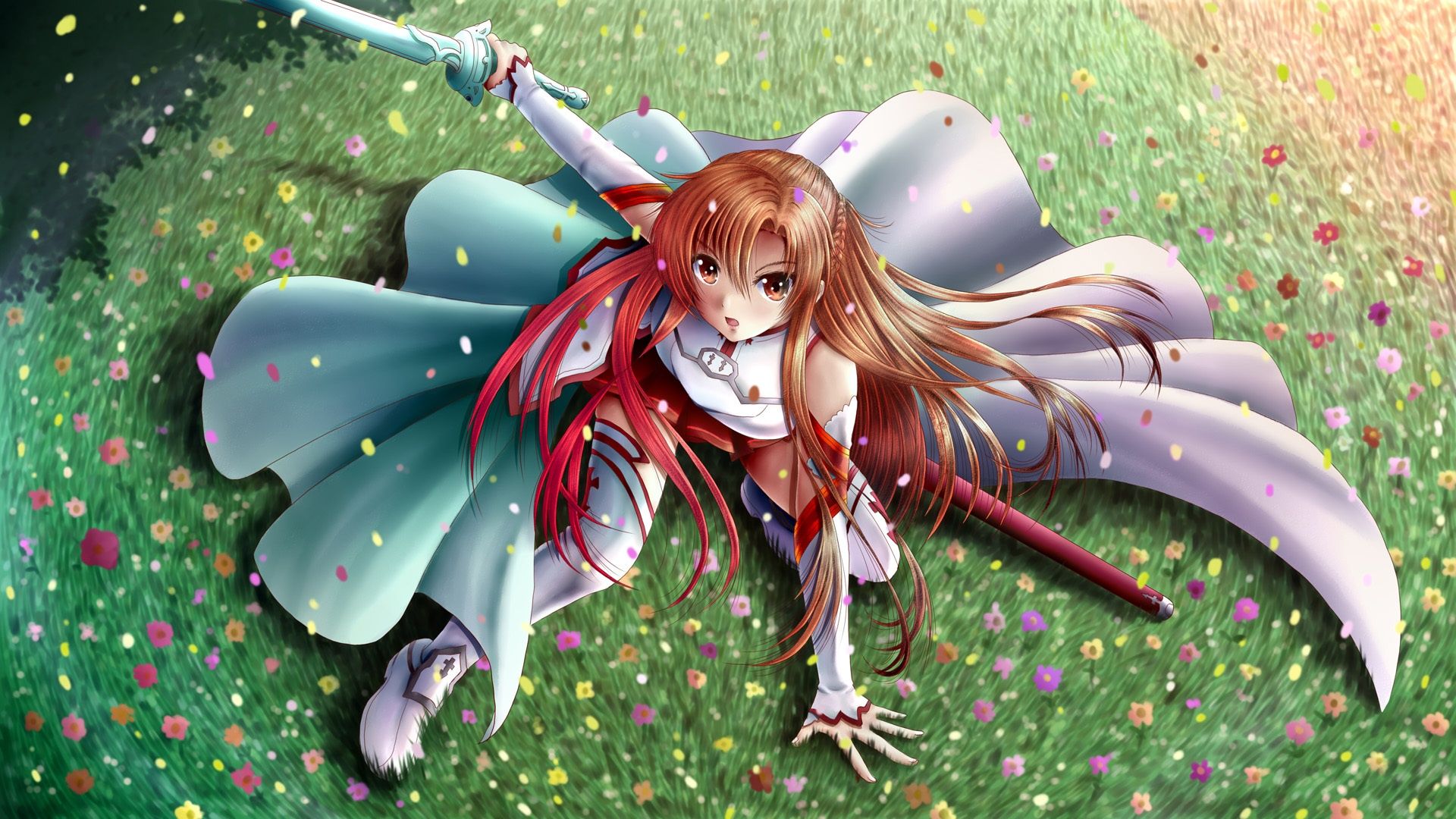 Anime girl sword dance garden grass wallpaperx1080