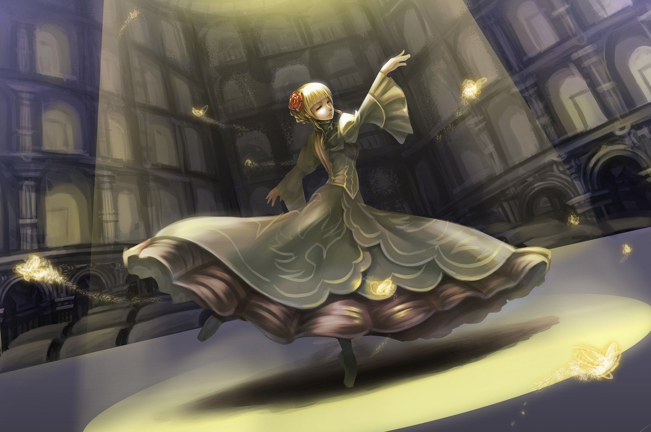 Download 2560x1700 Anime Girl, Dancing, Dress, Spotlight, Blonde Wallpaper for Chromebook Pixel